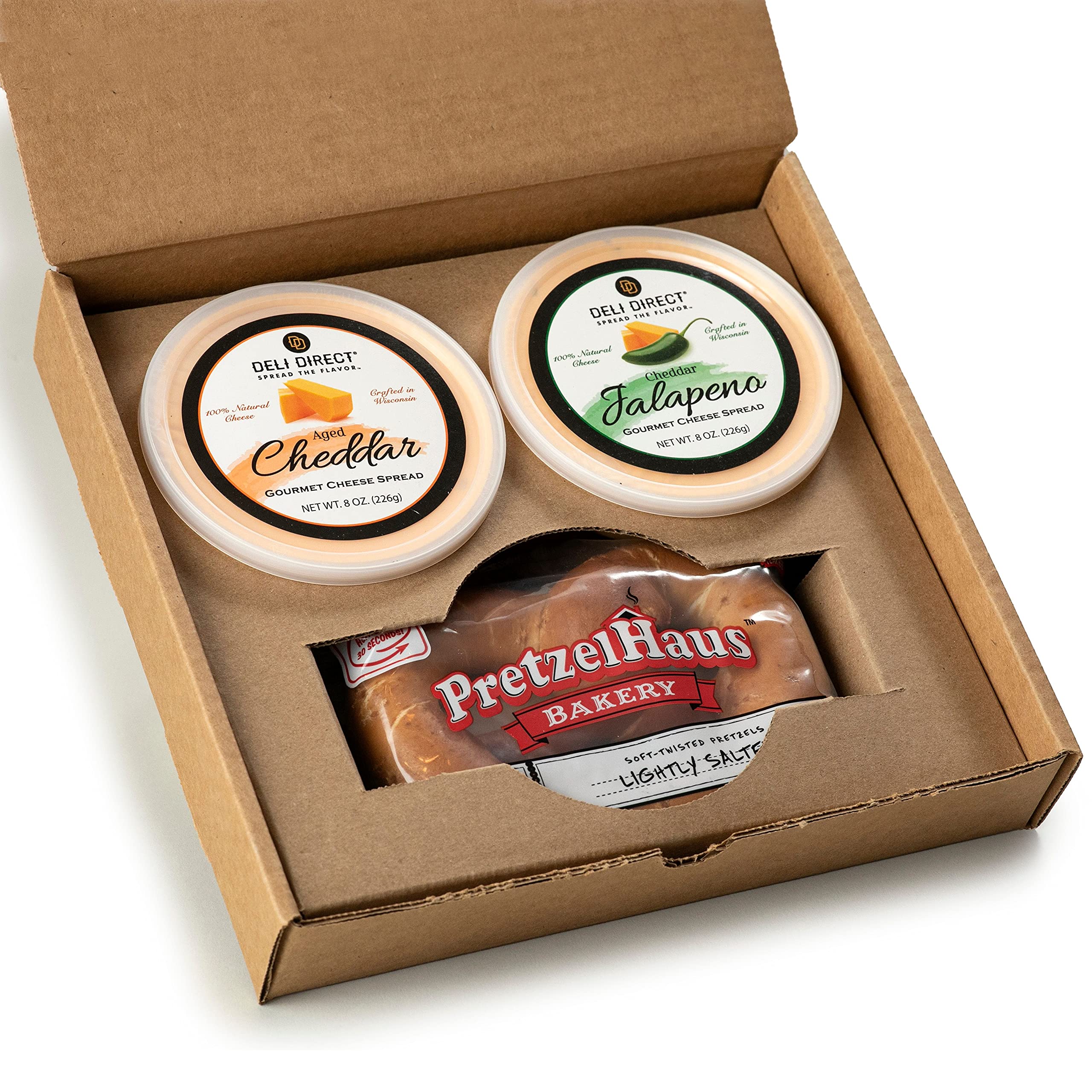 Deli Direct Bavarian Soft Pretzel and Cheese Dip Gift Set, Freshly Baked Artisan Soft Pretzel Lightly Salted with 2 Wisconsin Cheddar Jalapeno and Aged Sharp Cheddar Cheese Dips