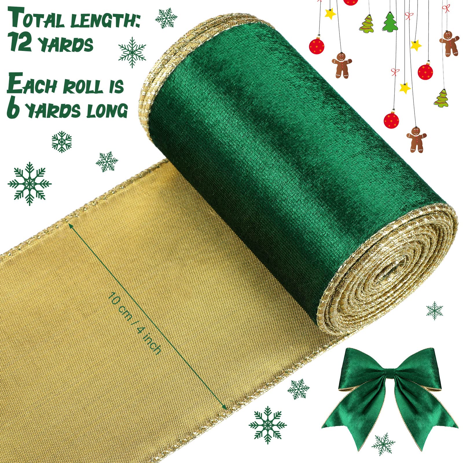 WILLBOND 2 Rolls Christmas Red Velvet Ribbon Wired Edge Trim Wrapping Fabric Christmas Ribbon for Gift Wrapping Bow Wedding Decoration Craft(4 Inch x 6 Yards,Green)