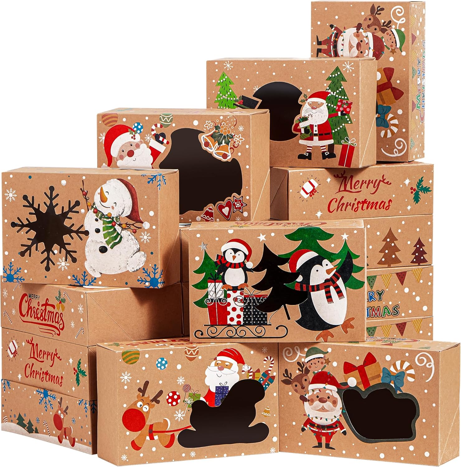 JOYIN 12PCS Christmas Cookie Boxes for Gift Giving, 8.5" x 5.75" x 2.75" Xmas Holiday Treats Cookie Tins with Window, 6 Designs Brown Kraft Bakery Boxes for Pastries, Cupcakes, Brownies, Doughnut