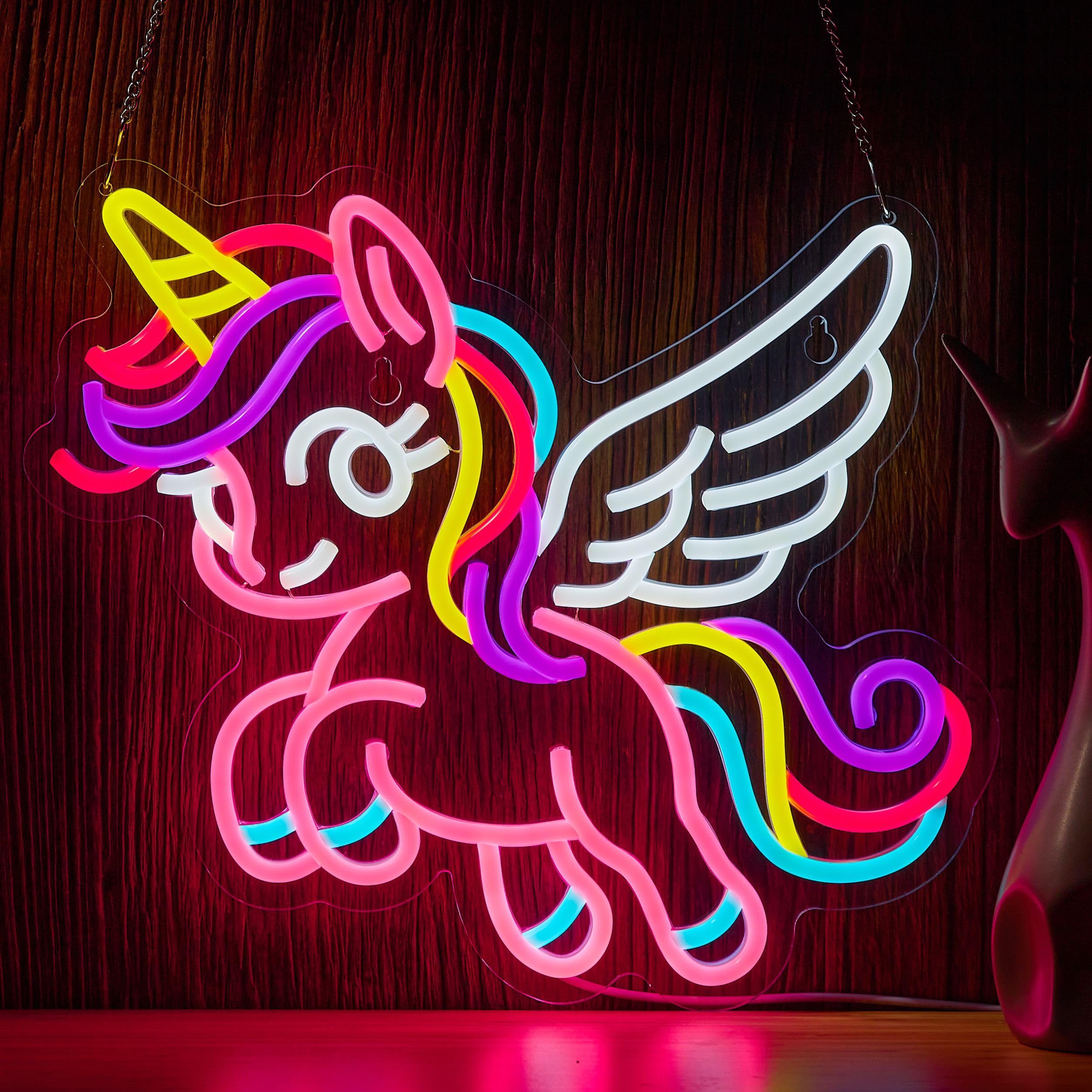 Letrero de neón de unicornio para decoración de pared, luz LED de unicornio volador rosa, alimentado por USB, regulable, con cadena colgante, regalos para niñas y niños, decoración para dormitorio y