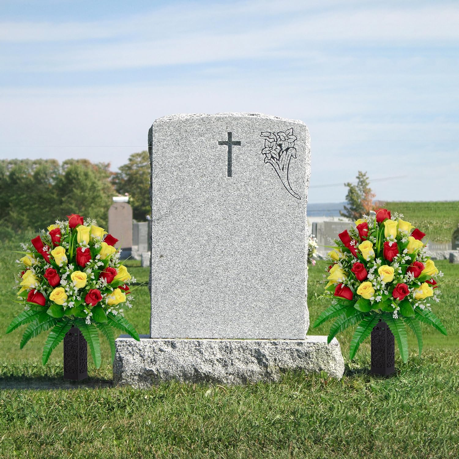 MOOMASS 2 Sets Artificial Cemetery Flowers, Yellow and Red Realistic Roses Bouquet, Outdoor Grave Decorations with Non-Bleed Colors, Accompanied by 2 Long Nail Vases (Yellow+Red)