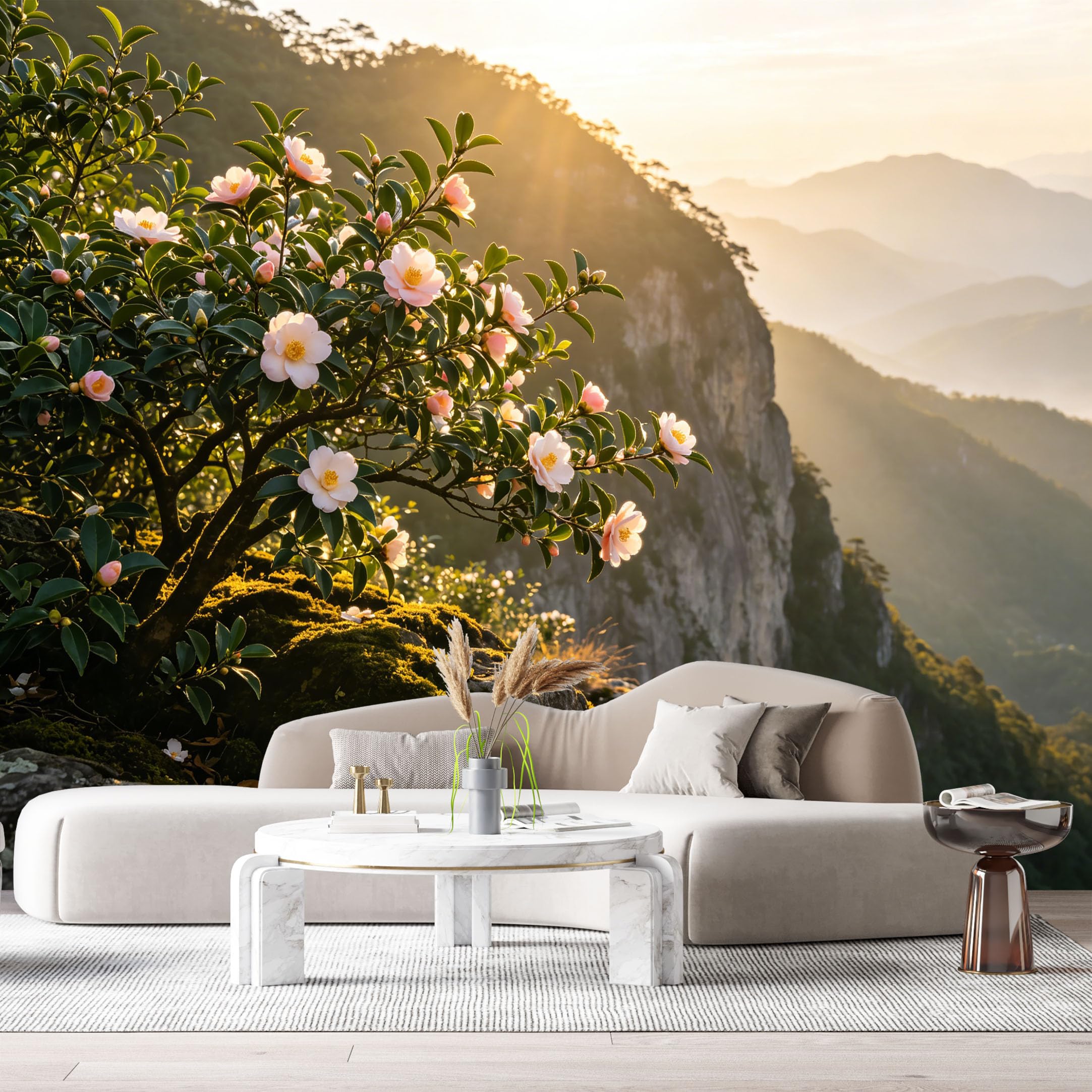 Custom Size Wall Murals Botanical Mountain Landscape Oil Painting Sunlit Camellia Flowers Rock Cliff SelfAdhesive Wall Fabric Removable Large Wallpaper for Photo Living Room