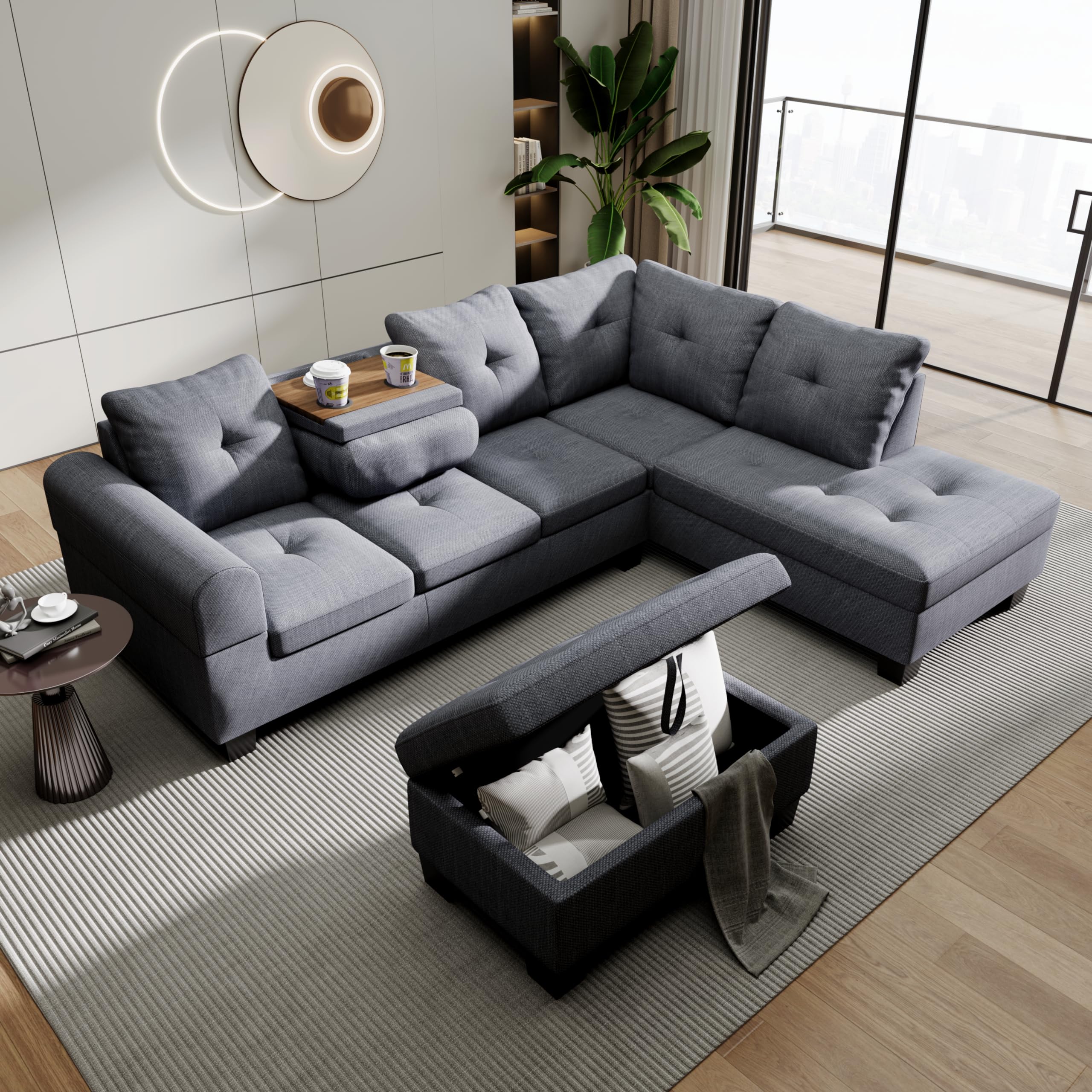 (incomplete Box 3 of 3)Lamerge Sectional Sofa Couch Set w/Ottoman &Chaise, Upholstered L Shape Modular Sofa Couch with 6 Seats, Living Room Furniture Sofa Sets, Button Tufted Comfy Sectional Couch for Living Room, Home