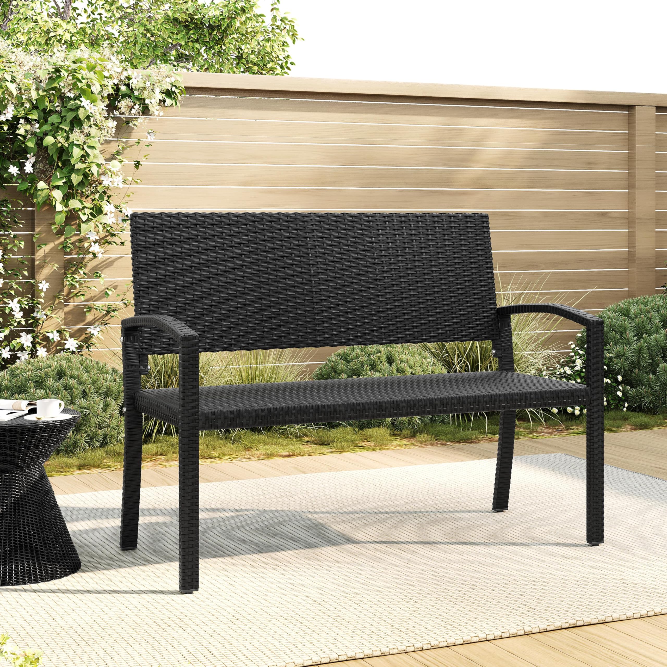 Yaheetech Panchina in Polyrattan da Giardino per 2 Persone Panca da Esterno Impermeabile con Schienale e Braccioli per Balcone Terrazza 121,5 × 62 × 89 cm Nero