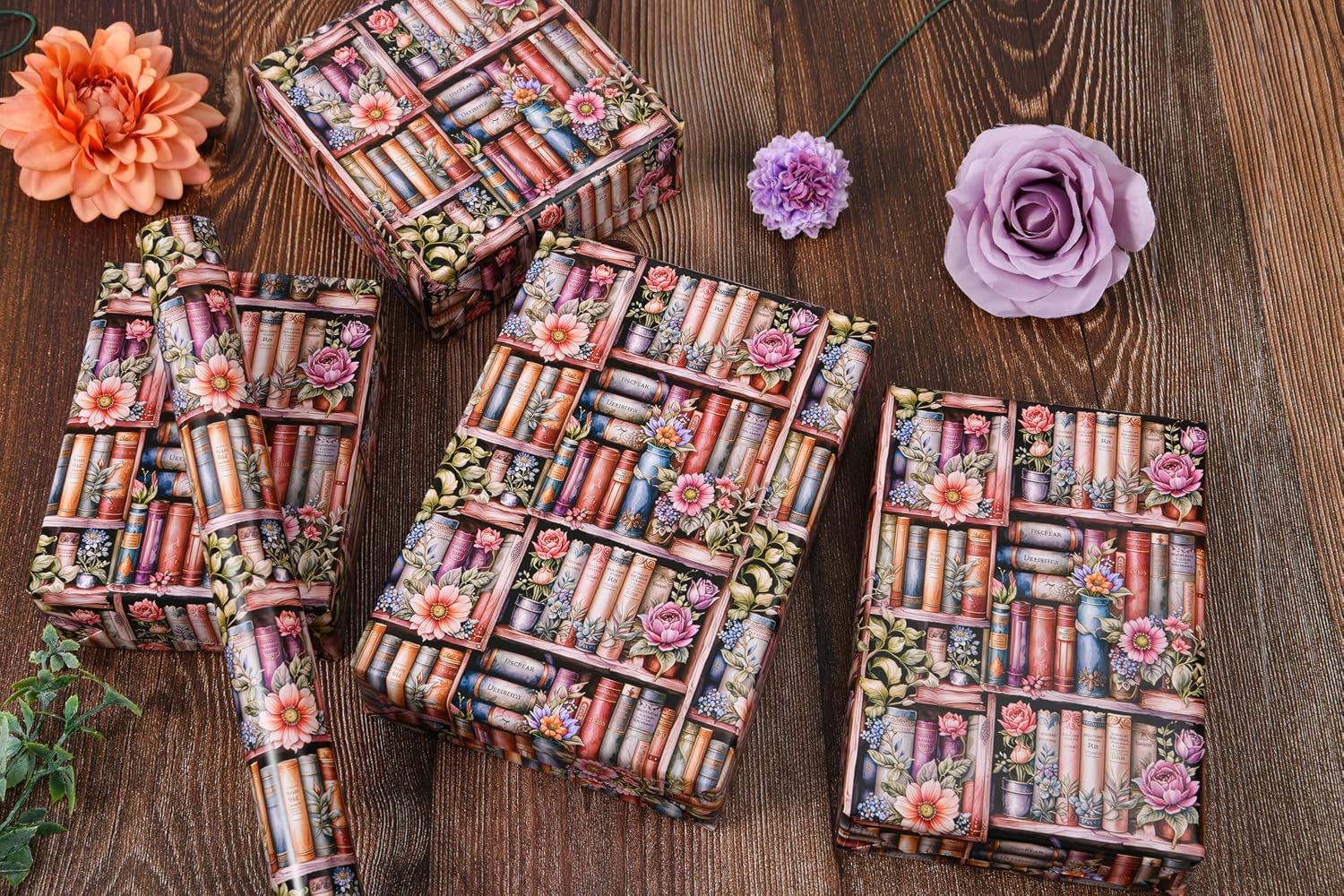 Sikiweiter Bookshelf Floral Wrapping Paper Roll - 17" x 16.5 Feet - Vintage Books and Flowers Design Elegant Gift Wrap for All Occasions(Bookshelf) image 2
