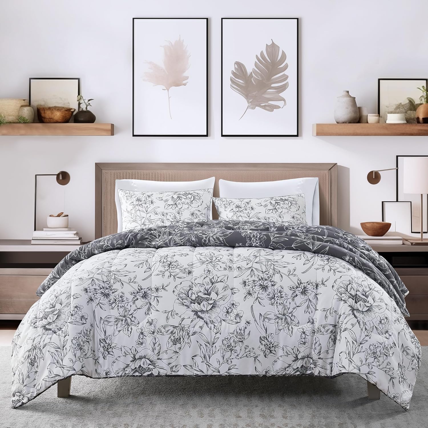 SHALALA Floral Comforter Set Queen Size, 7 Pieces Navy Blue Floral Comforter Bedding Sets with Pillow Shams, Lightweight Comforter Bed in a Bag for All Season