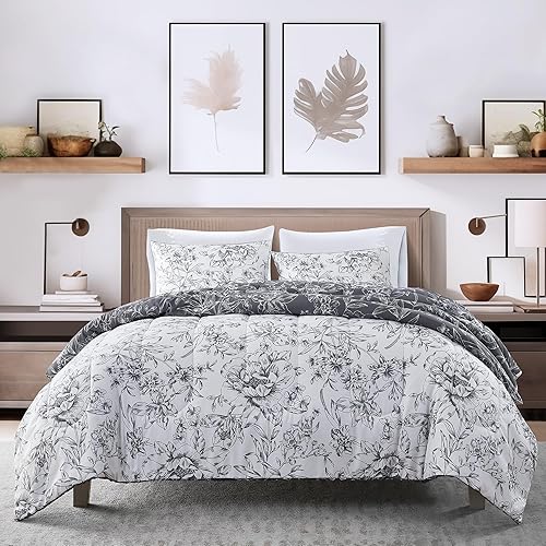SHALALA Floral Comforter Sets Queen Size,Bed-in-A-Bag Queen Comforter Bedding Sets,Reversible Blue and White Bedspread Coverlet Bed Sets with White