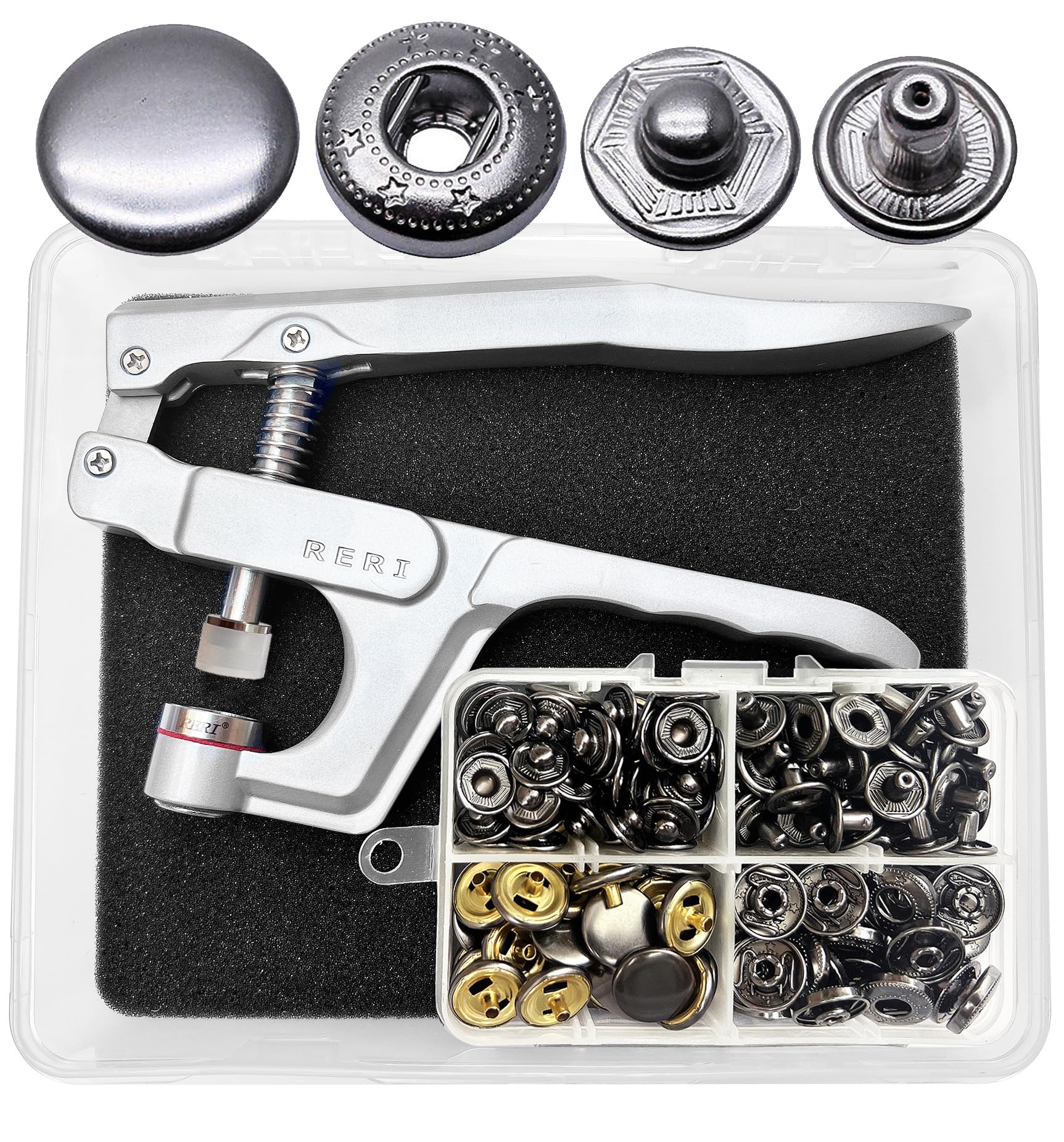 40 set kit di bottoni automatici con strumento, bottone automatico con bottone automatico per jeans artigianali in pelle giacche borse accessori strumenti base/custodia(Argento