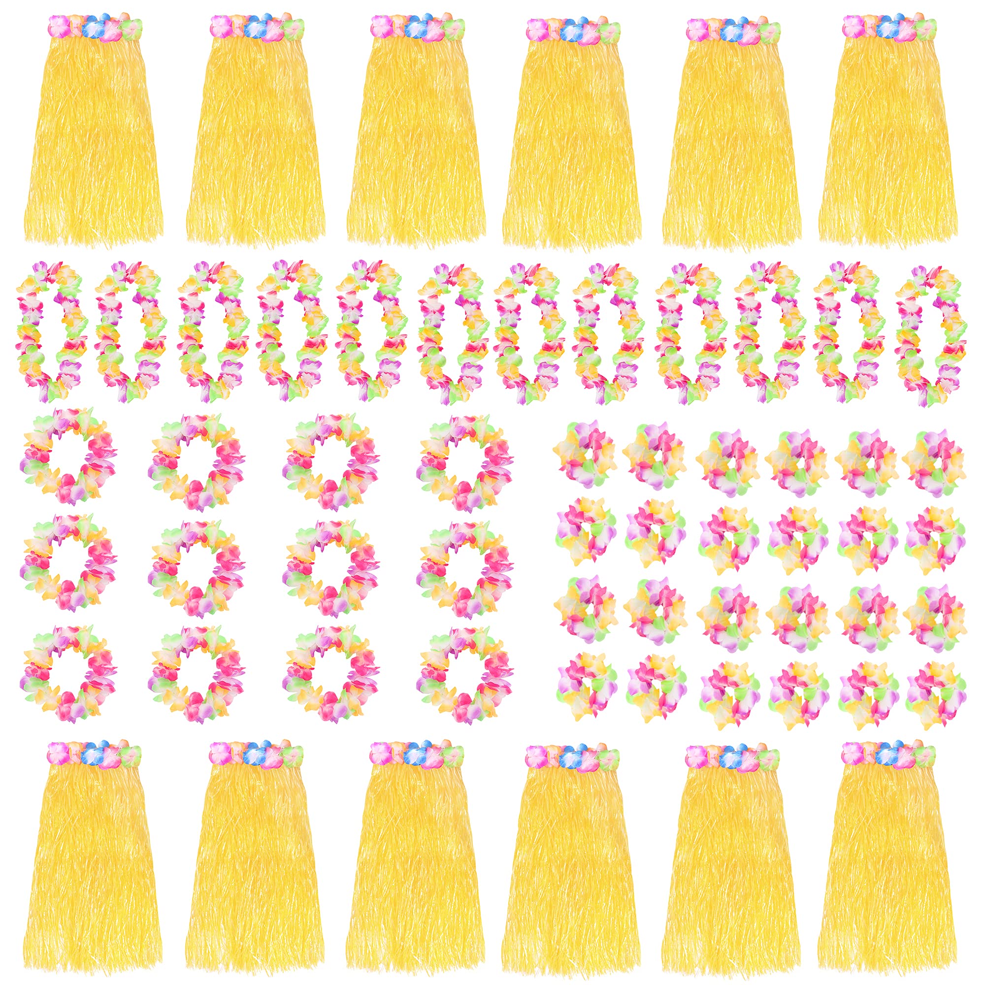Yellow Hawaiian Hula Skirt and Multicoloured Lei Set X12 - Flower Necklace, Headband and Bracelet - 80cm Grass Hula - Luau - Fancy Dress Costume Accessory