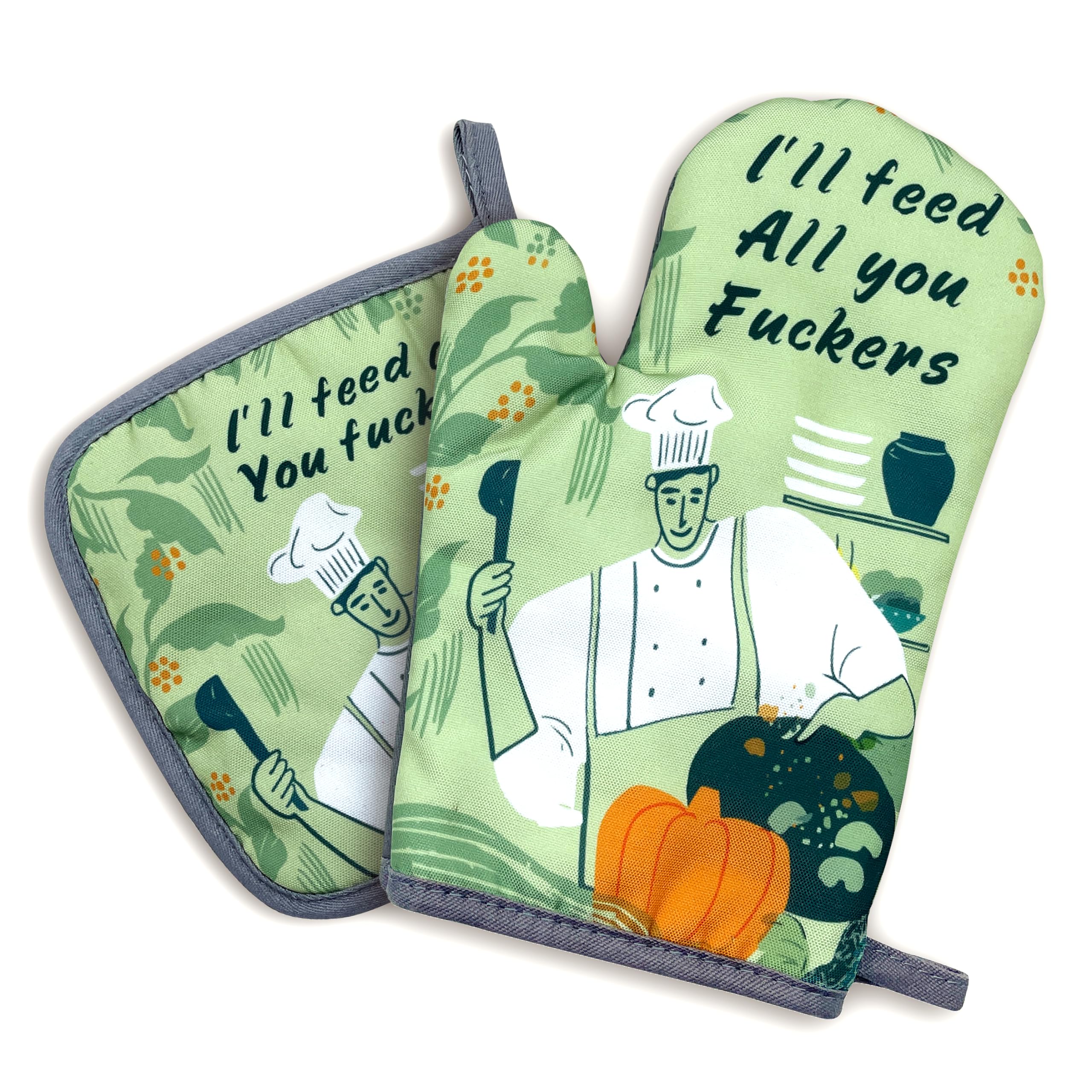 Funny Oven Mitt & Pot Holder Set Of 2 - 'I'll Feed All You Fxxkers' Saying, Silicone Grip, Heat Resistant To 200°C - View #11