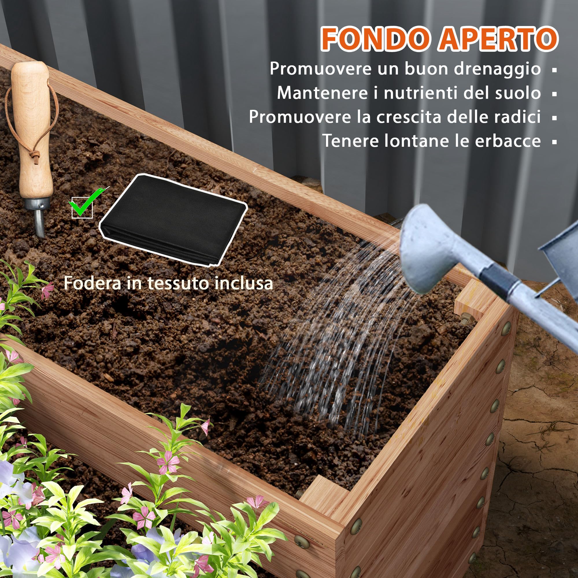 Outsunny Orto Rialzato da Esterno a 4 Livelli in Legno di Abete, Fioriera da Balcone con Fondo Aperto e Fodera in Tessuto, per Piante, Fiori e Verdure, per Giardino Balcone, 113x113x46 cm, Caffè Scuro