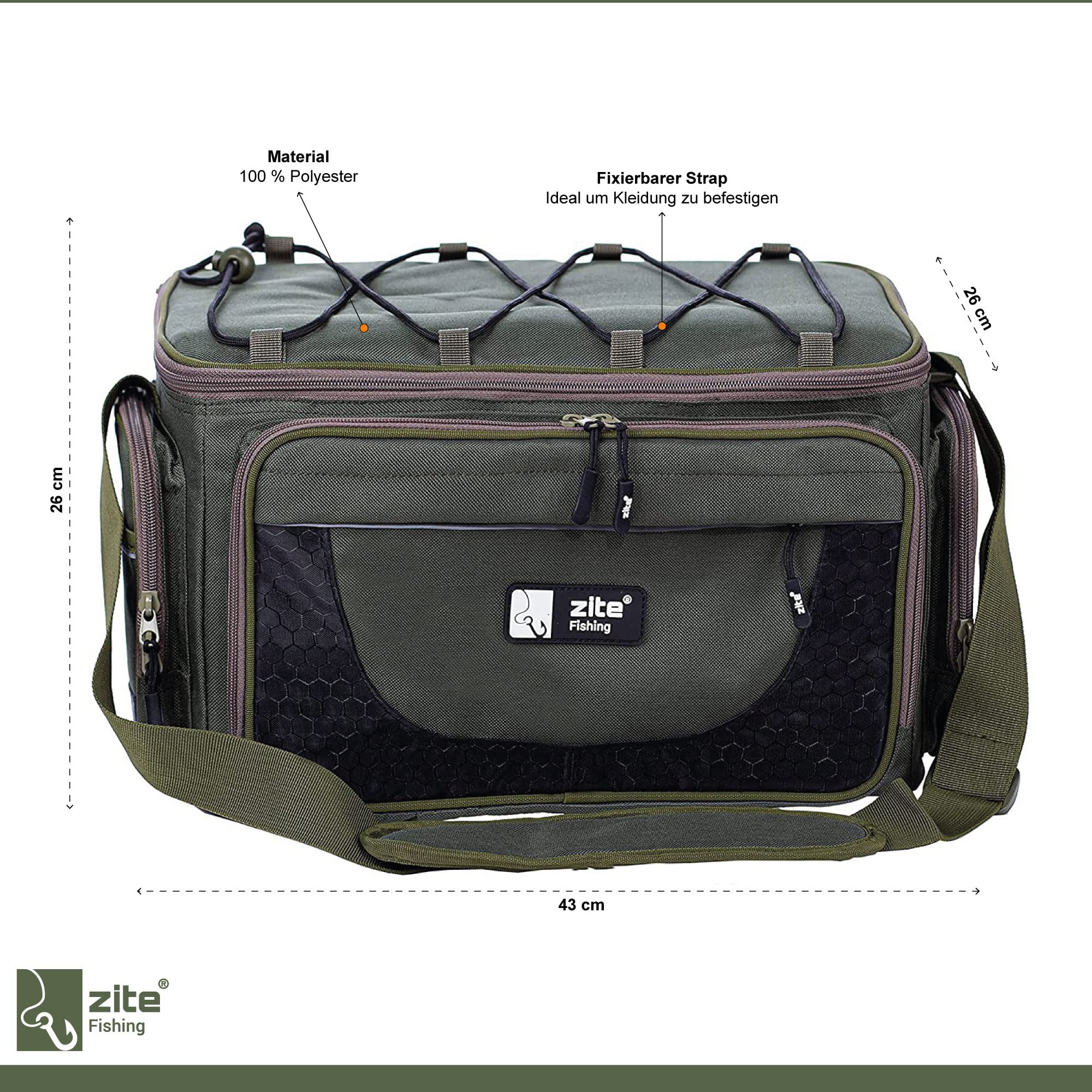 Zite Fishing Angeltasche mit Boxen [4 Köder-Boxen inkl] Umhängetasche als Angelkoffer-Rucksack Alternative, Angeltaschen/Fishing Bag, Angler Tasche, Angeltasche groß, Angeln-Tasche