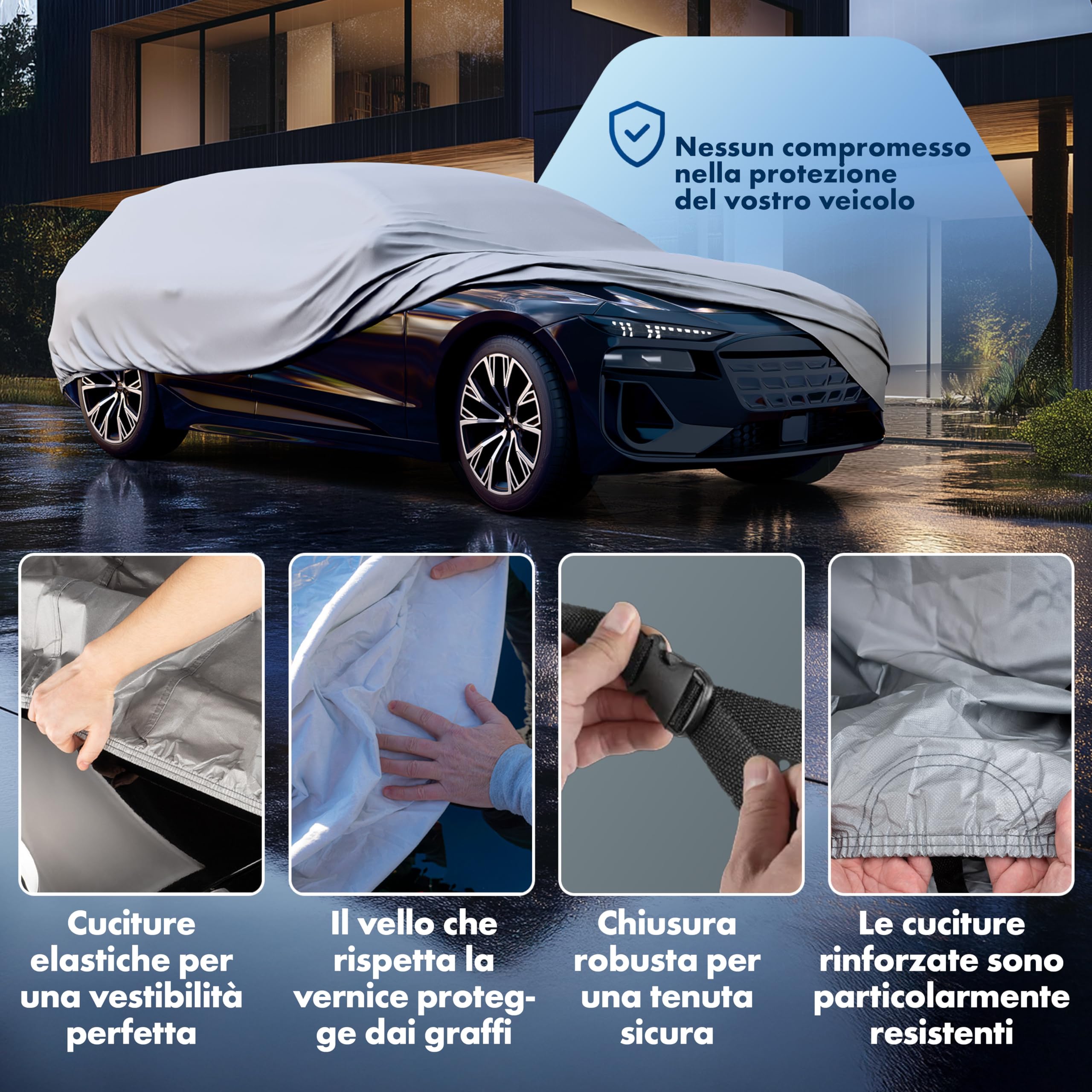 WALSER Telo Copriauto da Esterno All Weather - Telone Auto Station Wagon 100% Impermeabile e Resistente alle Intemperie, Protezione UV, Neve e Gelo, Misura 5, Argento