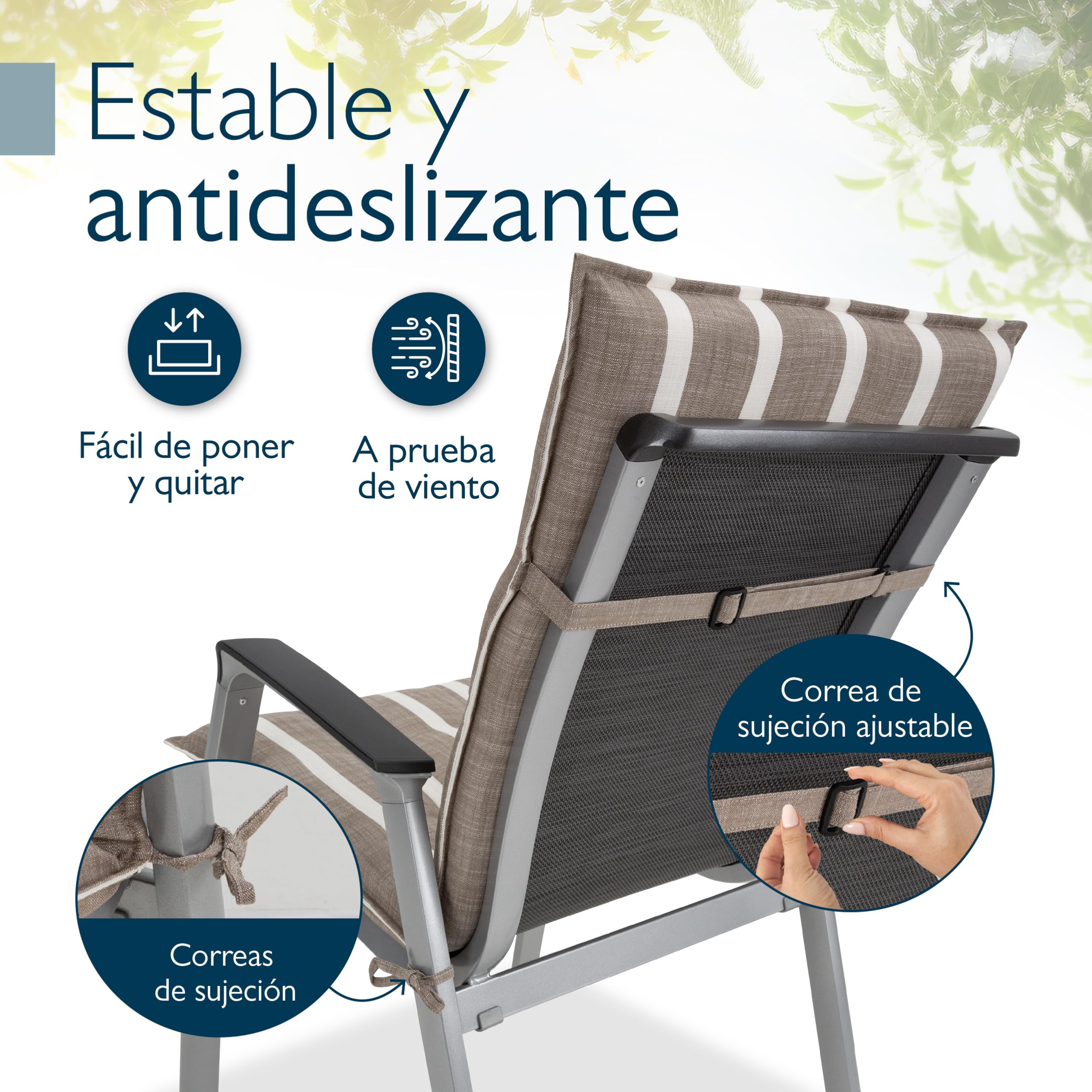 Beautissu Set 6 Premium Cojin Silla Jardín con Respaldo Bajo 100x50cm Sun-NL – Resistencia UV 8cm Grosor Acolchado Cojín Exterior con Respaldo Antideslizante – Rayas Beige Blanco