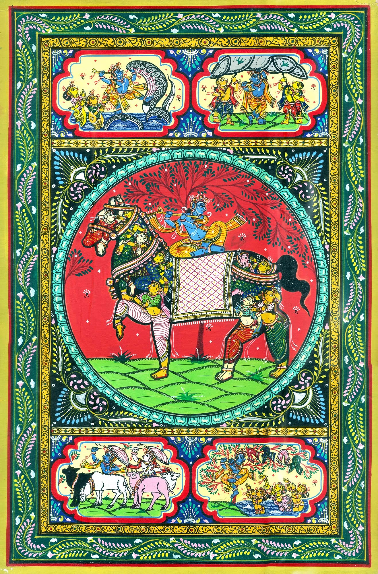 Krishna Leela peinture spirituelle sur Pat pour harmoniser l'énergie de la maison