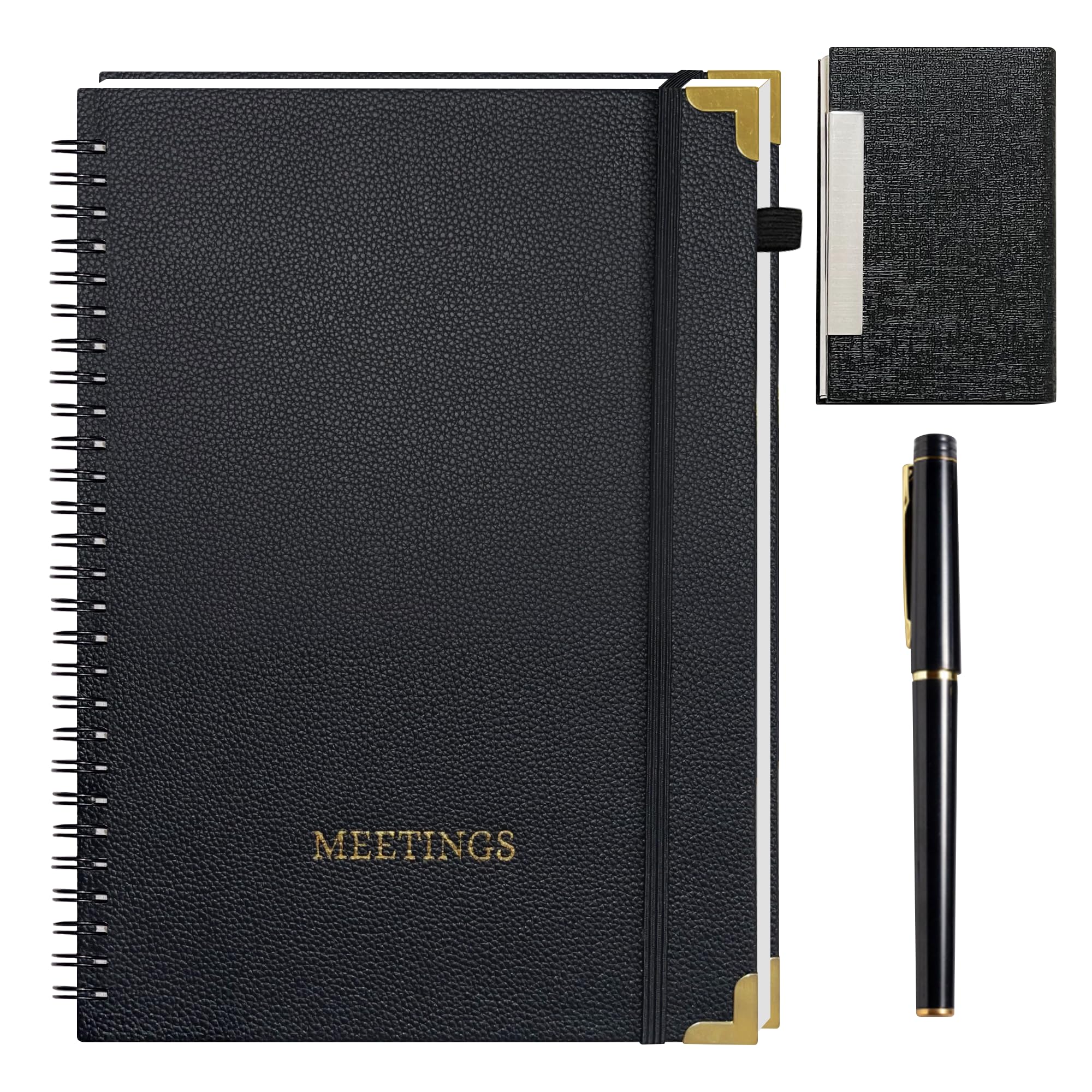 3 quaderni per riunioni da lavoro, viene fornito con una penna e un porta biglietti da visita, pelle PU, notebook per riunioni, angolo in metallo nero e oro, 17,8 x 25,4 cm, pianificatore aziendale