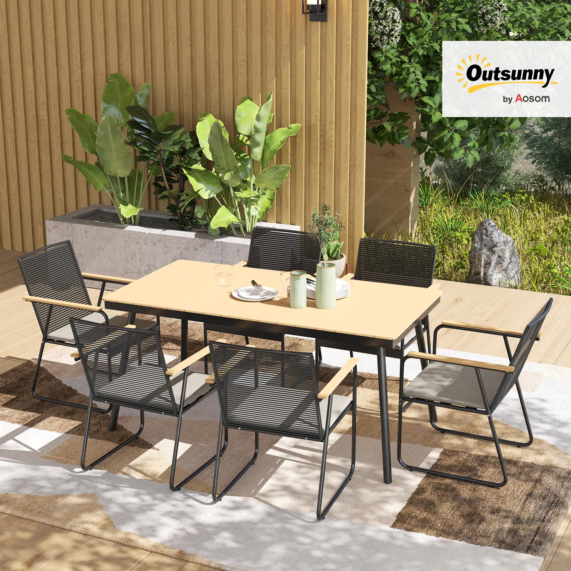 Outsunny Sitzgruppe 7-TLG. Metall Essgruppe 6Per. Gartenmöbel-Set Naturholz | Esstisch, Tisch mit 6 Stühlen, Esszimmergruppe, Küchentisch-Set mit Metallgestell, Balkonmöbel