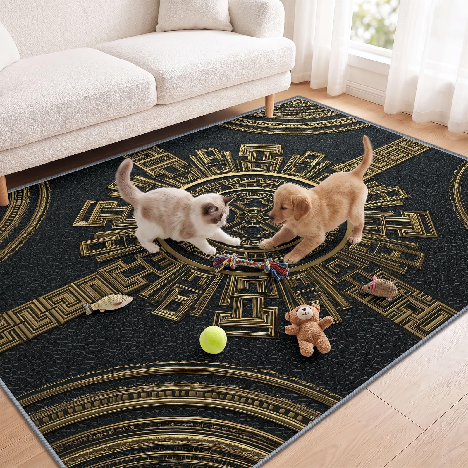 Lavable Machine Tapis Relief 3D Géométrique Dessous Antidérapant, Méandre Grec Badge Circulaire Tapis Pile Courte 160 x 230 cm pour Salon Salle à Manger Chambre Cuisine Entrée