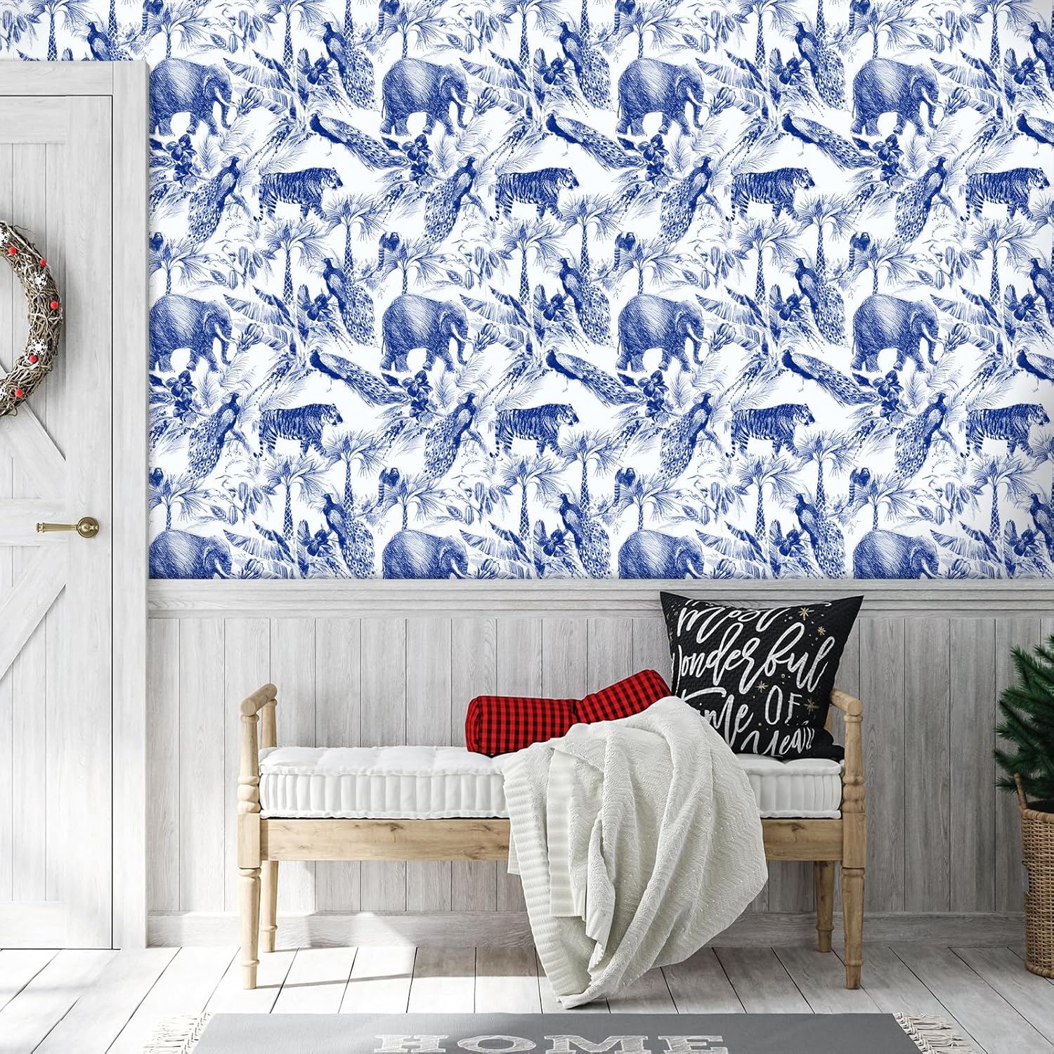 VaryStyle Tropical Jungle Wallpaper Blue/White Linear Safari Animal Peel and Stick Wallpaper Wild Animal Print Contact Paper 17.7"x118" Removable Thick Vinyl Wall Paper for Bathroom Kids Room Cabinets
