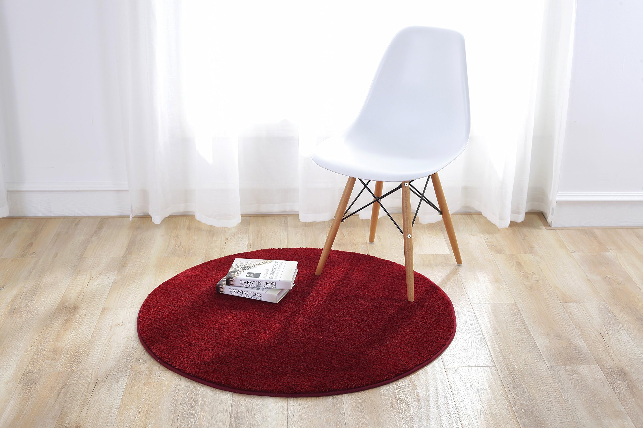 S_SSOY Round Anti-Slip Microfiber Doormat Solid Color Non-Slip Area Rug Decorative Soft Shaggy Carpet Bath Floor Mat for Home Bedroom Kids Living Room Kitchen Nursery Decor (Wine Red, Dia 90cm)
