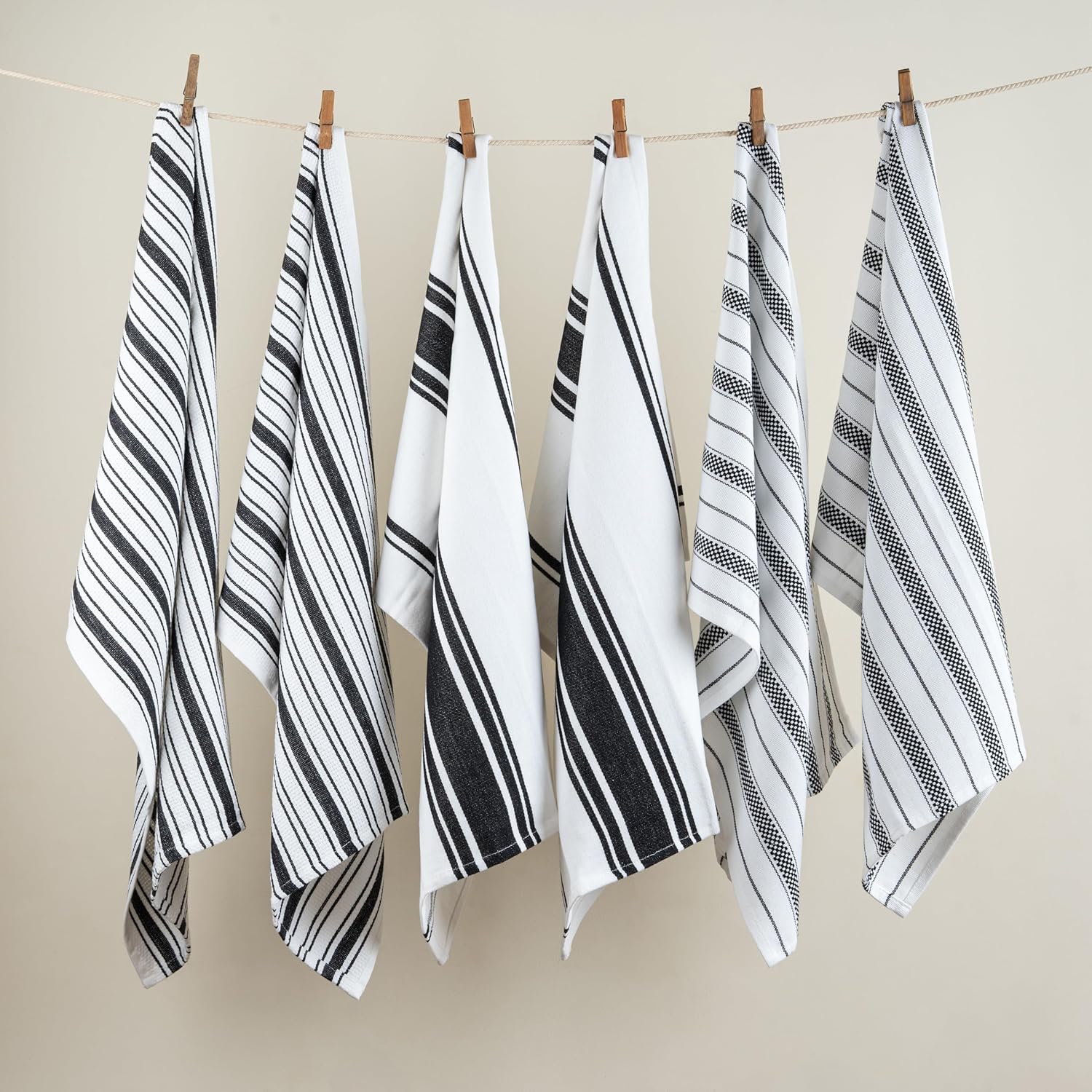 Kitchen Towels Set – Pack of 6 (20’’ x 30’’) Extra Large Premium Cotton Dish Towels for Kitchen – Absorbent – 100% Cotton – with Hanging Loop – Black Multi Design Striped