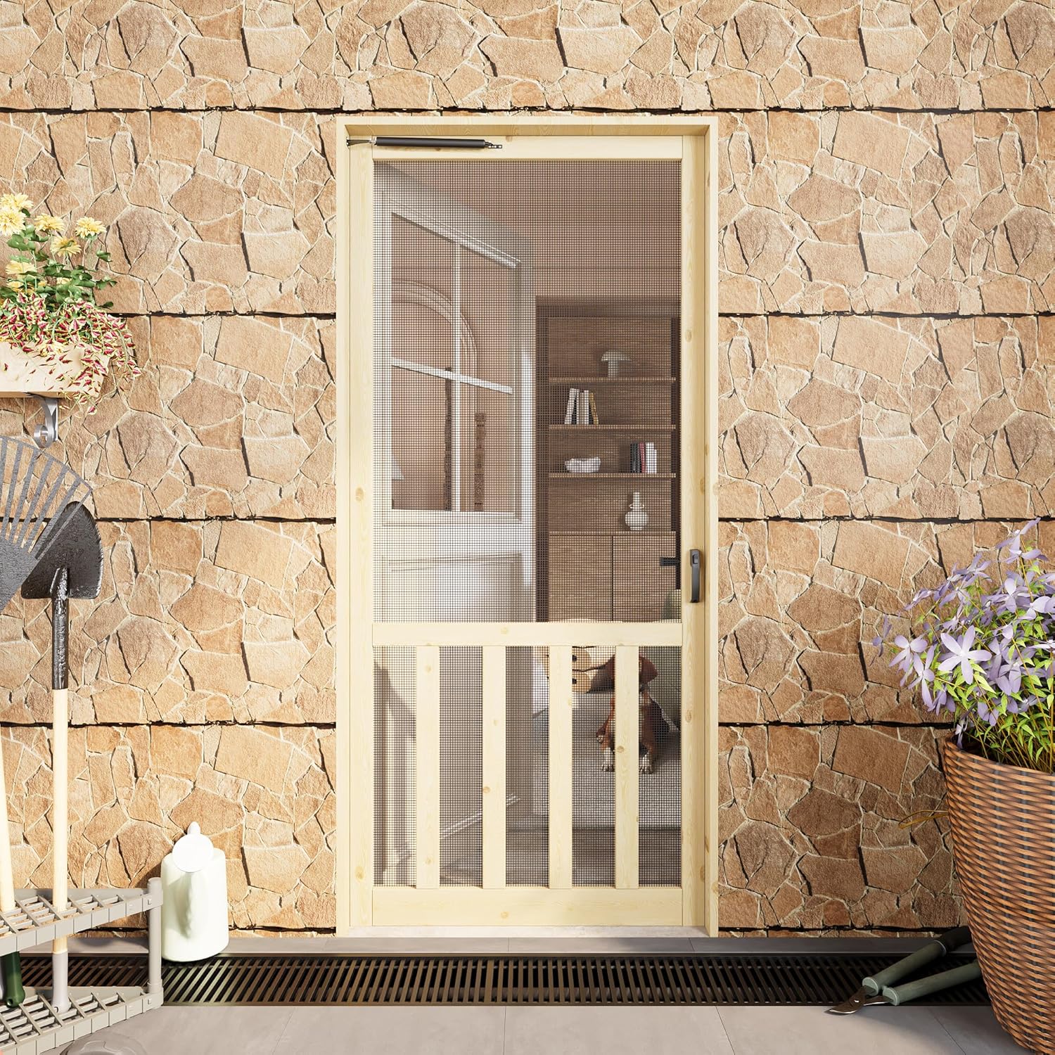 Front Screen Door for Exterior/Interior,32 x 80 Inch Solid Pine Wooden Screen Door,Universal Mesh for Home Entry,Back,1 -Little White Doors Slab with Hardware Kit (3 Hinges + Push-Button Latch)