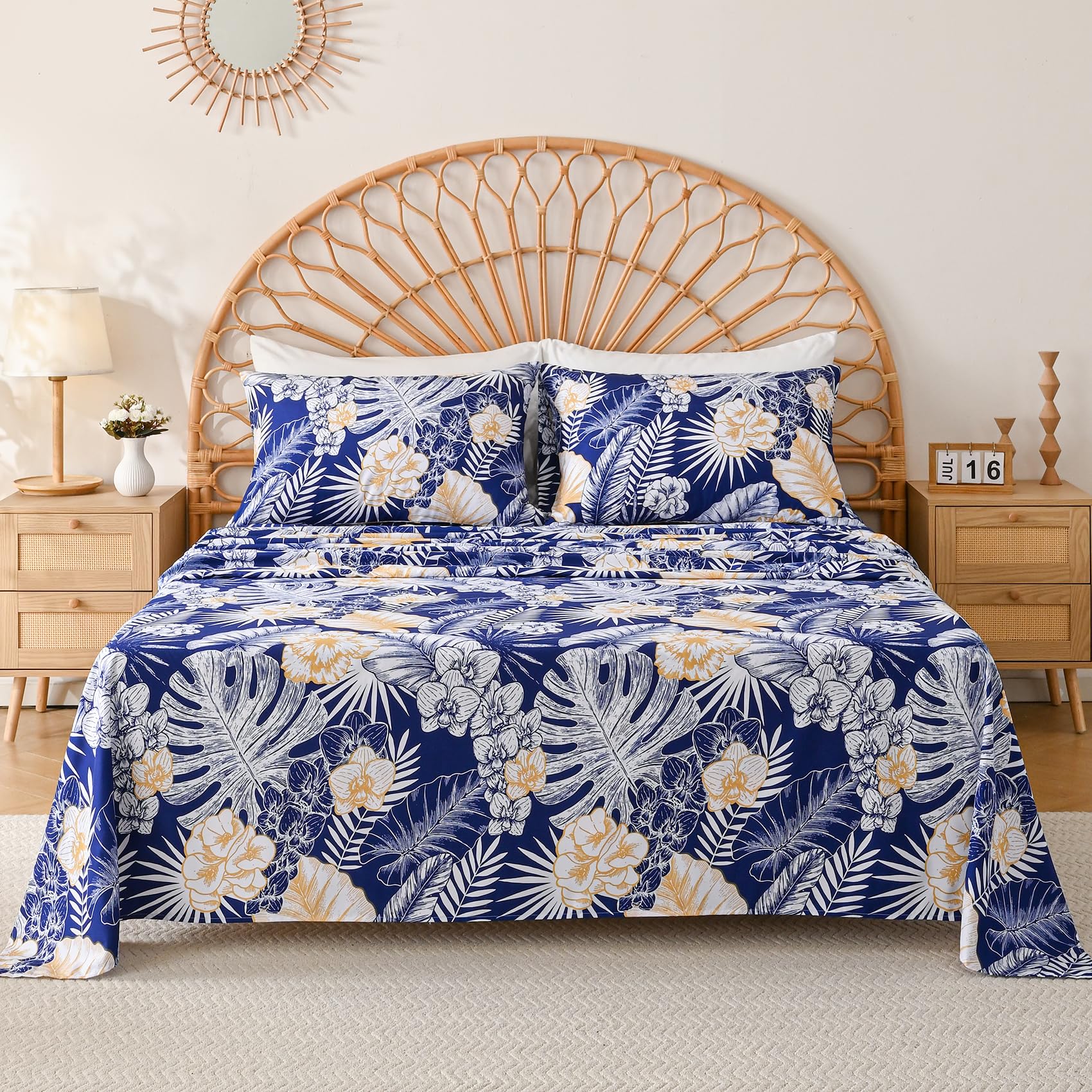 Yibeizi Blue Floral Sheet Set Queen 4 Piece, Coquette Cottagecore Aesthetic Flower Shabby Chic Pattern Bed Sheets Cute Soft Microfiber Extra Deep Pocket Fitted Bedsheet