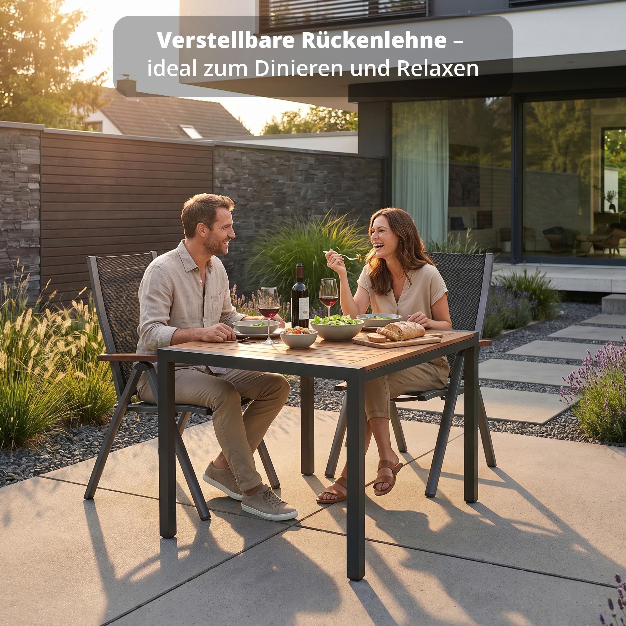 KHG Gartenstuhl klappbar Aluminium anthrazit mit Eukalyptusholz Armlehnen | verstellbare Rückenlehne, Sitzfläche und Lähne au Textilgewebe, wetterfest, für Zuhause, leicht & stabil, für den Alltag