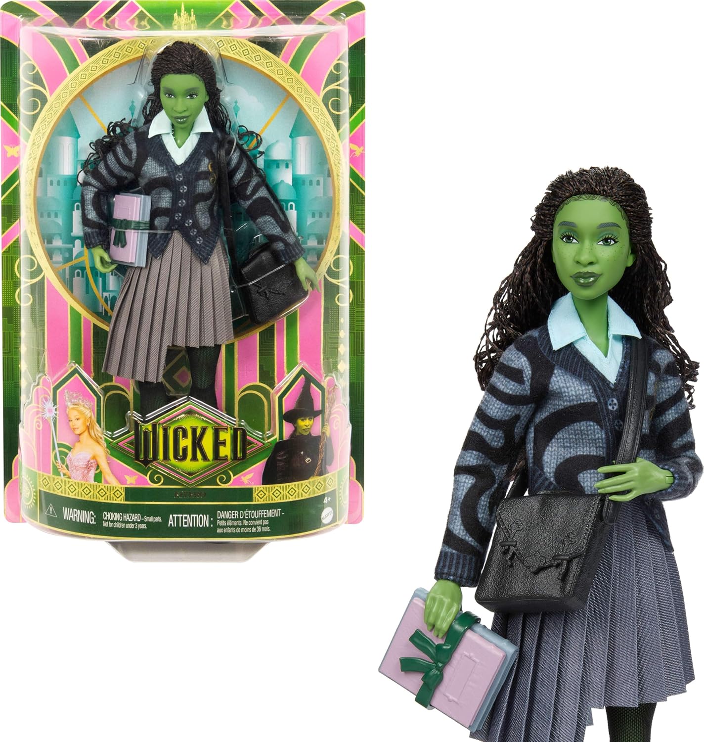 Mattel Universal Wicked Elphaba Fashion Doll & Accessories with Green Skin, Braided Black Hair, Posability & Removable School Uniform