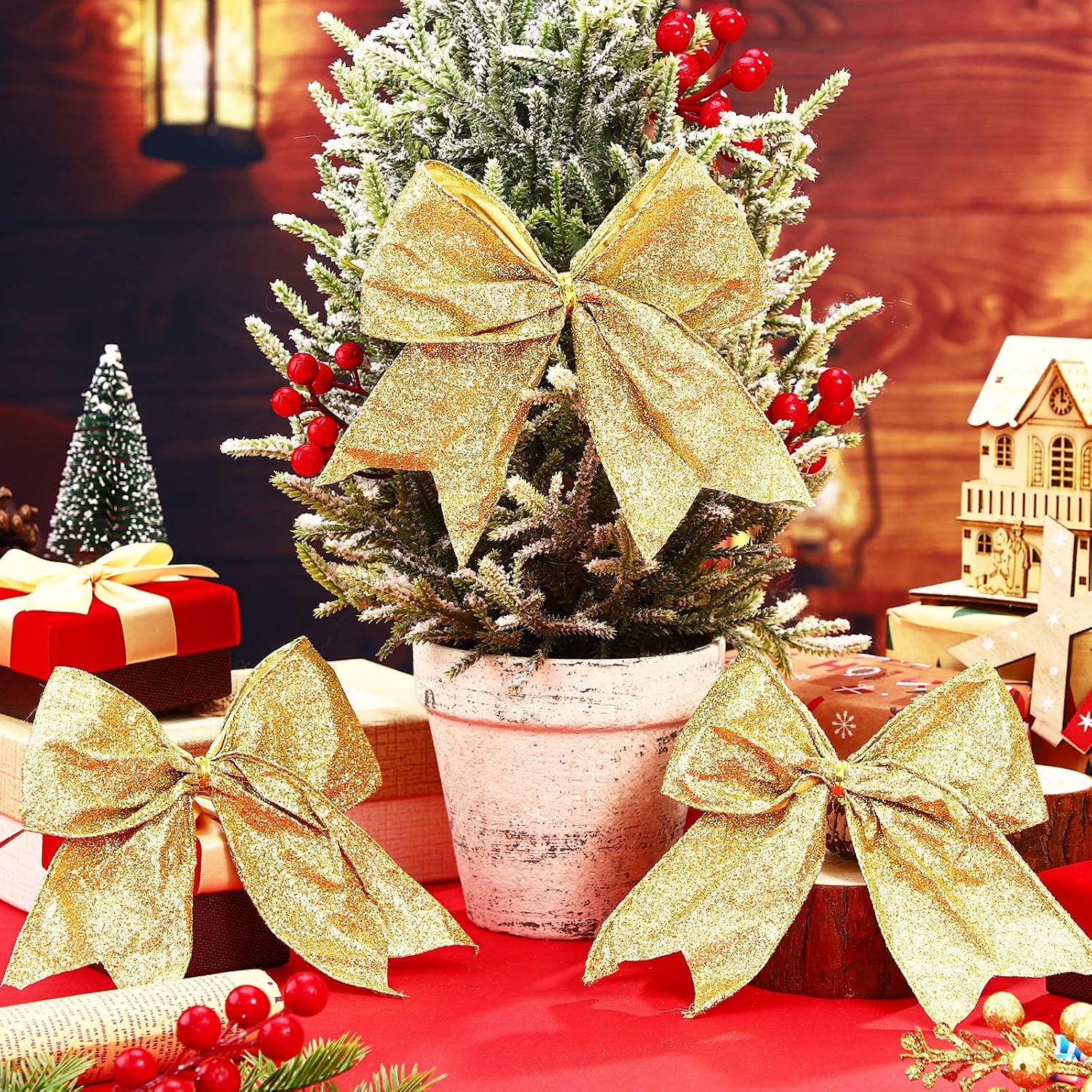 Panelee 12 Pieces Christmas Glitter Bow Decorations 6 x 6 Inches Small Christmas Tree Bows Ornaments Gift Shiny Holiday Xmas Ribbon Decor for Wreath, Garland, DIY Crafts(Gold)