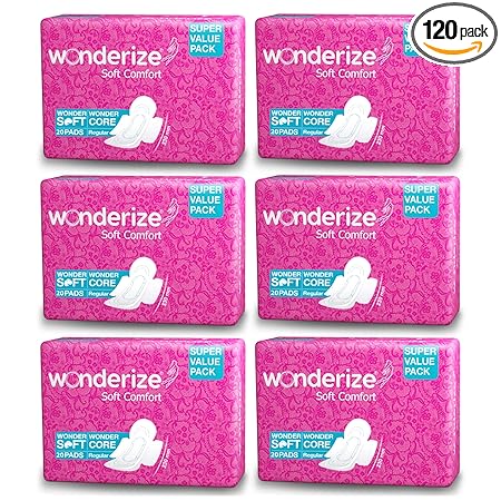 Wonderize Soft Comfort Cotton Sanitary Napkins for Women 120 Pads (Combo of 6) Size  Regular 230mm, Super Saver Pack