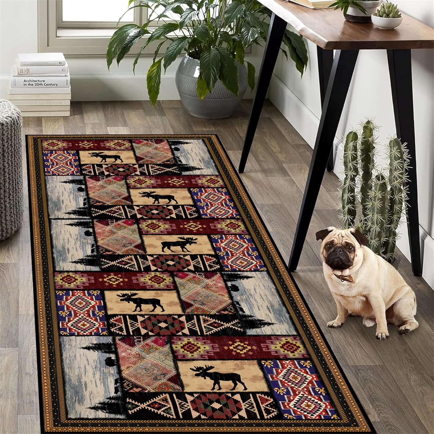 Western Cabin Long Rug,2x6ft,Black Bear Moose Pattern Print Rug, Soft Washable Non-Slip Bathroom Rugs, Soft Non-Slip Washable Long Carpet, Country Farmhouse Indoor and Outdoor Decoration