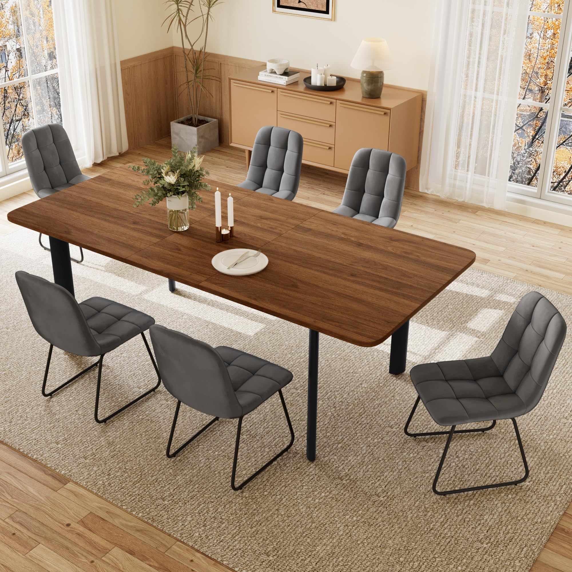 JIEXI Essgruppe Tisch Ausziehbar mit 4-8 Stühlen, 160-200cm Walnuss + 6 Grau