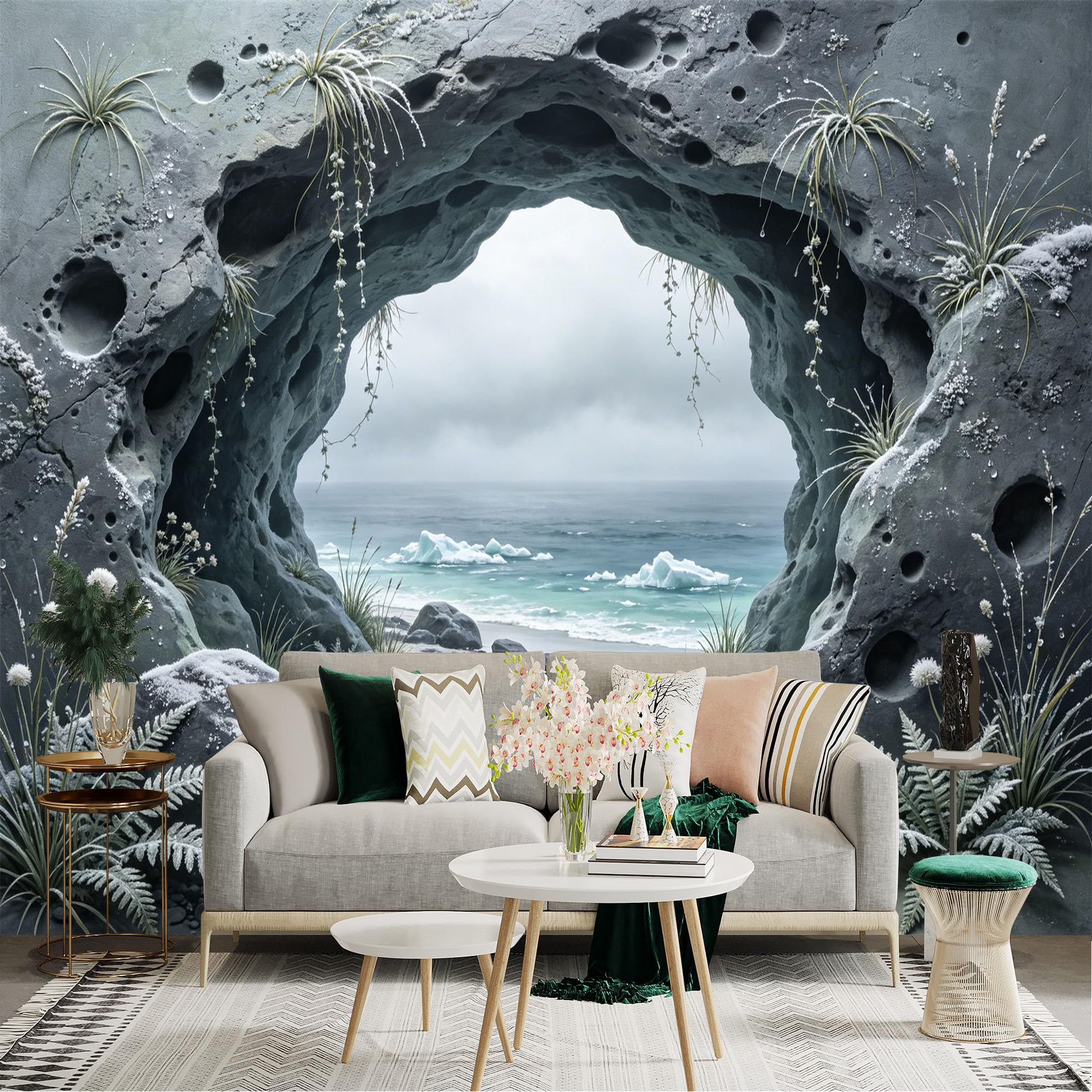 Custom Size Wall Sticker Mural， Coastal Cave with Ocean View， Rocks and Frosted Plants， for wall Decoration， peelandstick wall Decals.
