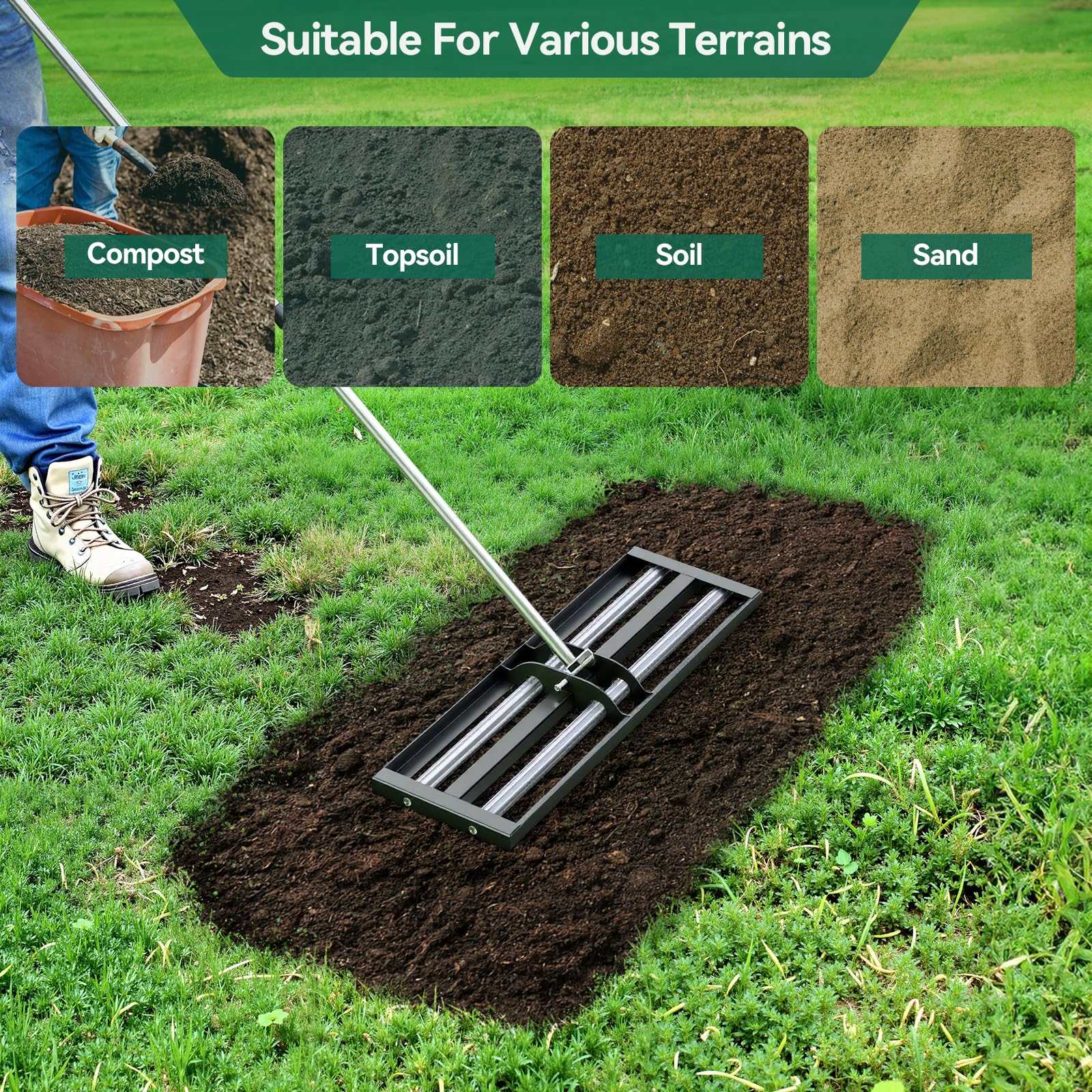 Warmiehomy Rastrillo nivelador de césped de 76 x 25 cm, nivelador de césped para jardinería con mango ajustable de 213 cm y barra rodante, rastrillo nivelador de césped resistente para suelo, césped