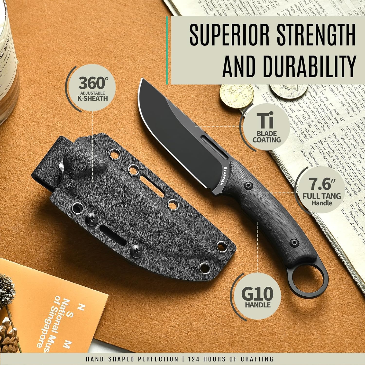 STARFISH 4.0” Full Tang Fixed Blade Knife, DC53 Steel Titanium Coating Blade G10 Handle Bowie Knives with Sheath for Camping, Hiking, Survival