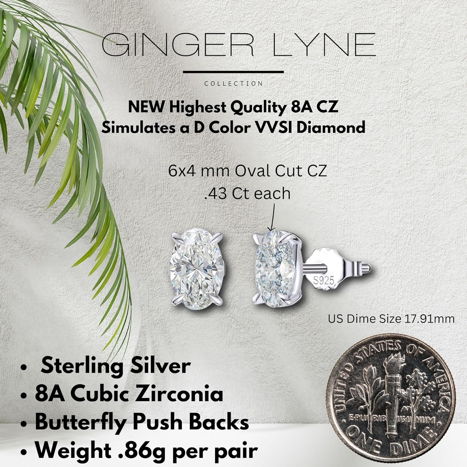 Faux Diamond Stud Earrings For Women 6mm Oval Cut 14k White Gold Plated Sterling Silver 1ct Cubic Zirconia Earring Studs for Her by Ginger Lyne Pierced Minimalist Jewelry - Image 4