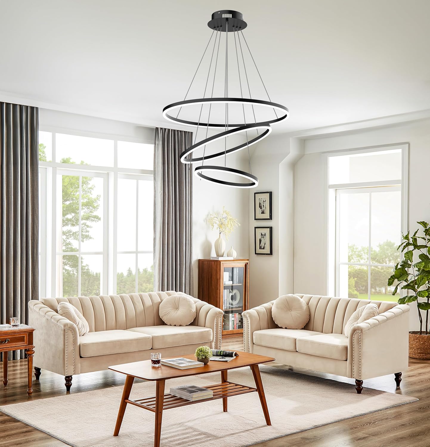 Modern LED Chandelier, 31.5'' Ring Chandelier, 3 Ring Black Round Chandelier Dimmable for Living Room Foyer