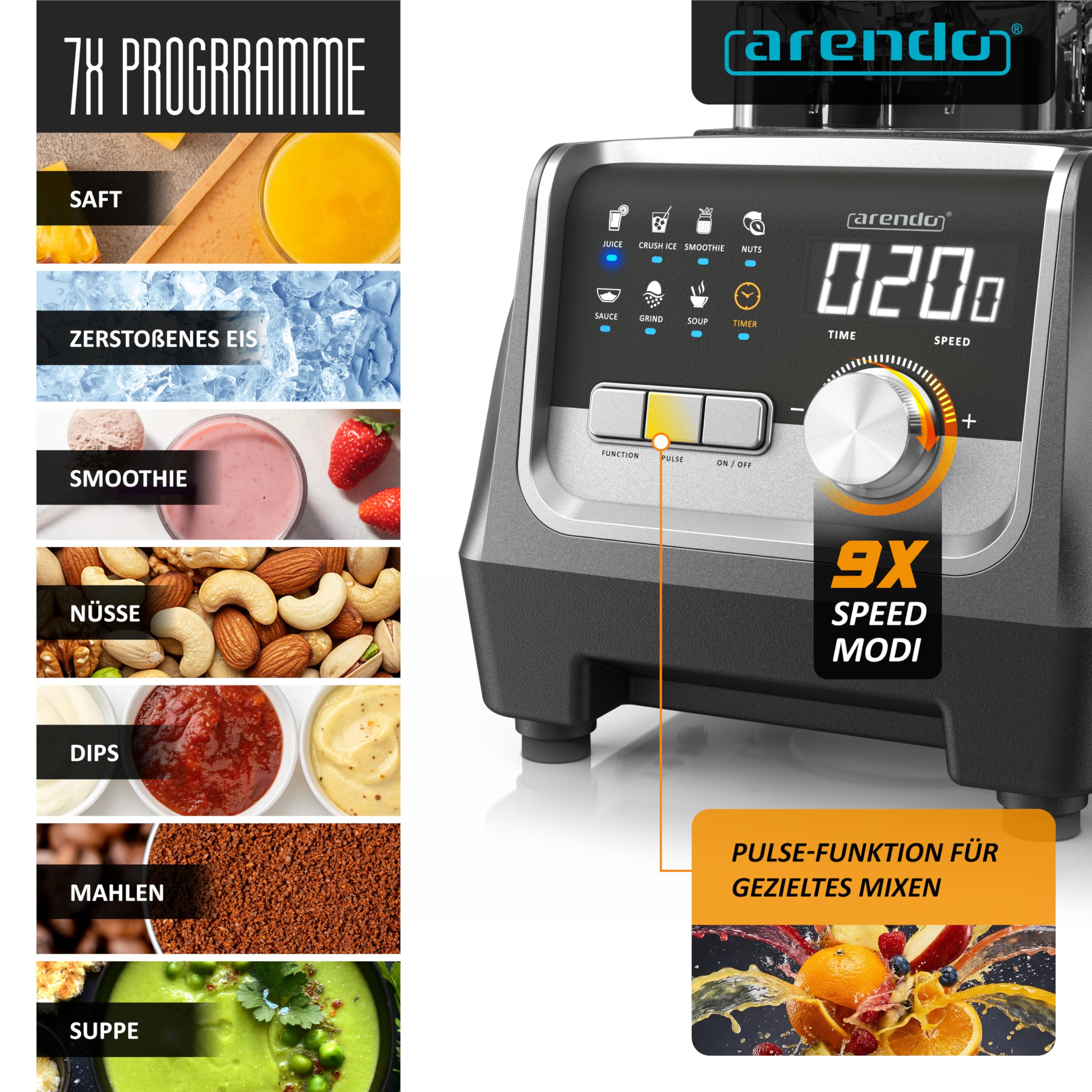 Arendo – Hochleistungsmixer 2000 Watt - Standmixer Edelstahl - 2 Liter Fassungsvermögen – mit Display - 9 Geschwindigkeitsstufen – hochwertige Edelstahl-Messereinheit – 3 voreingestellte Programme