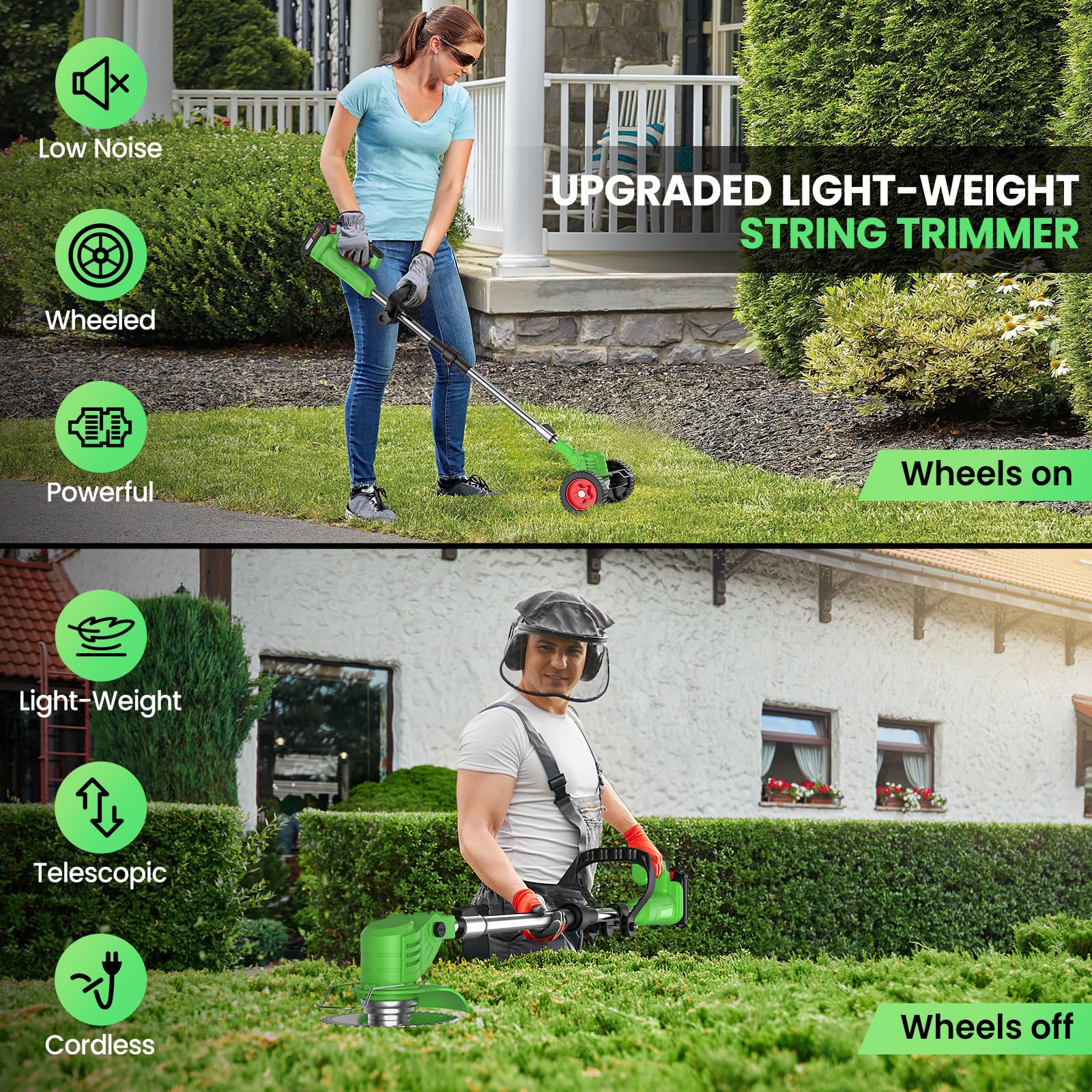 Coupe Bordure sans Fil 800W, Débroussailleuse Électrique Pliable avec roulettes, 2 Batteries 21V Haute Capacité, 4 Types de Lames (Kit 4-en-1), Tête 90° & Manche Réglable, pour Jardin, Pelouse (Vert)