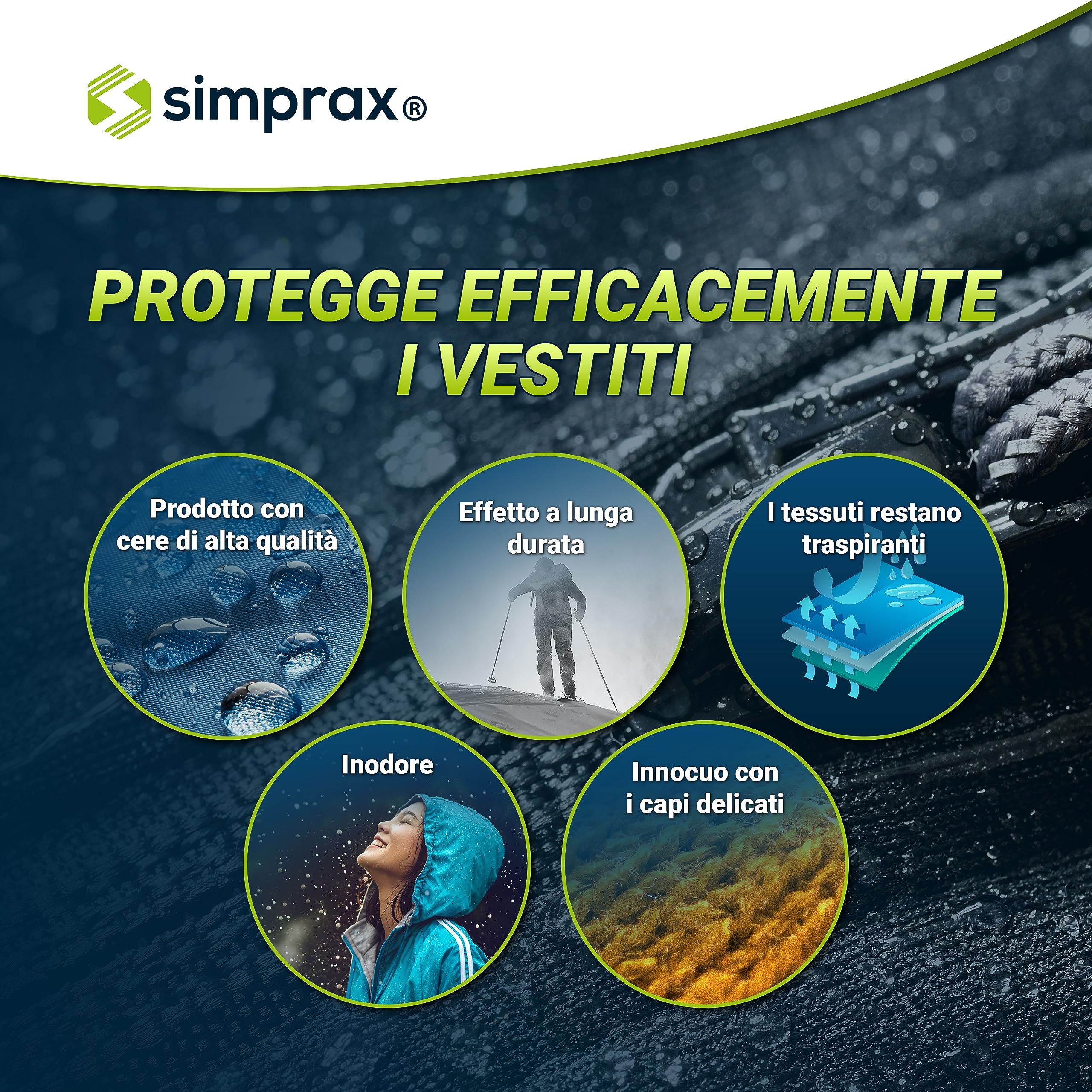 simprax® Spray impermeabilizzante per Tessuti di Lunga Durata - Speciale PE per Tessuti Outdoor e Funzionali Gore-Tex, Sympatex, Softshell - Oeko-Tex, Certificato GOTS, Senza propellenti