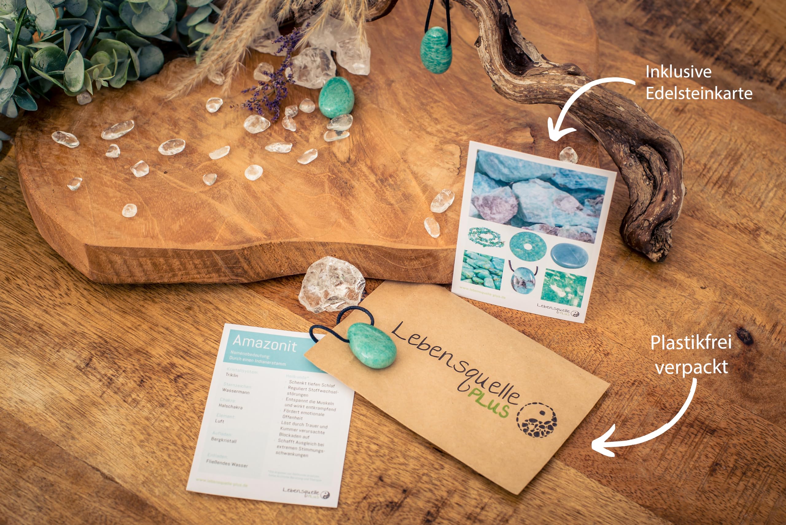 Lebensquelle Plus Colgante de piedra natural en forma de gota con cordón de algodón y tarjeta de piedras