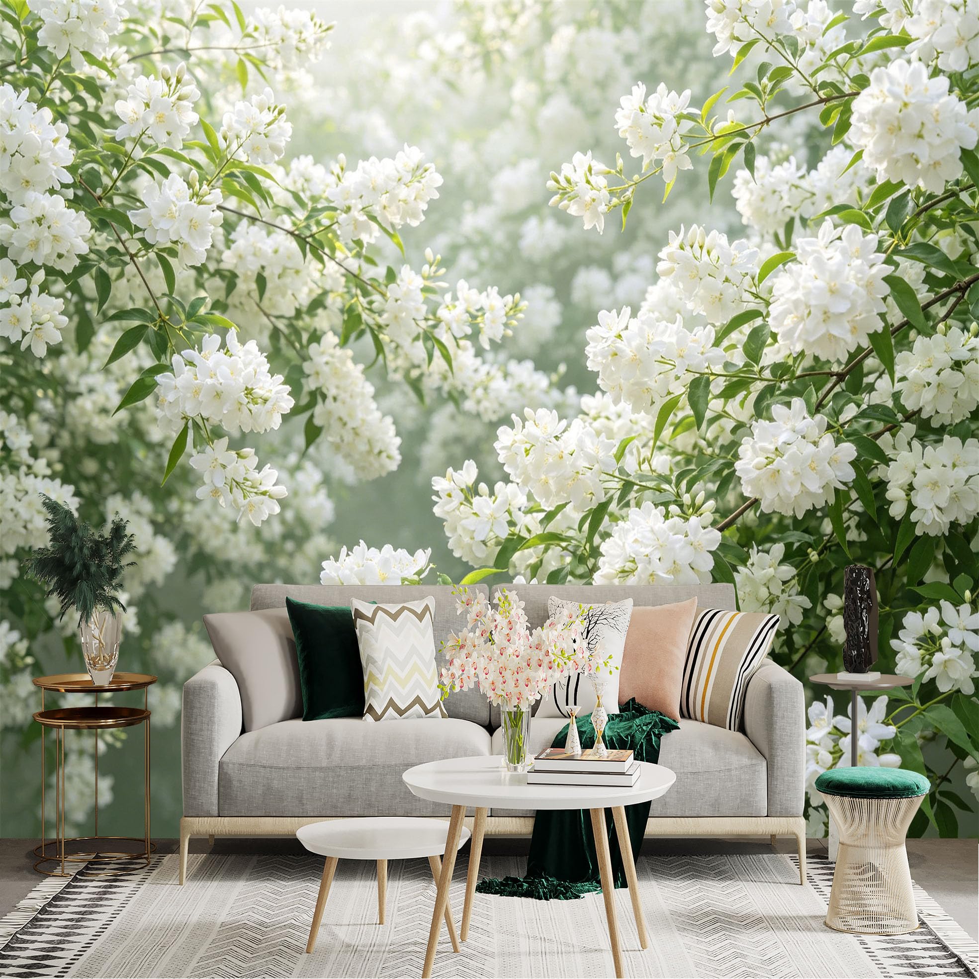 Lnzczhyre Dbh260521890 Custom Size Wall Sticker Mural， Blooming White Jasmine Flowers， Soft Botanical Spring Garden， Fresh Floral Aesthetic， For Wall Decoration， Peelandstick Wall Decals.