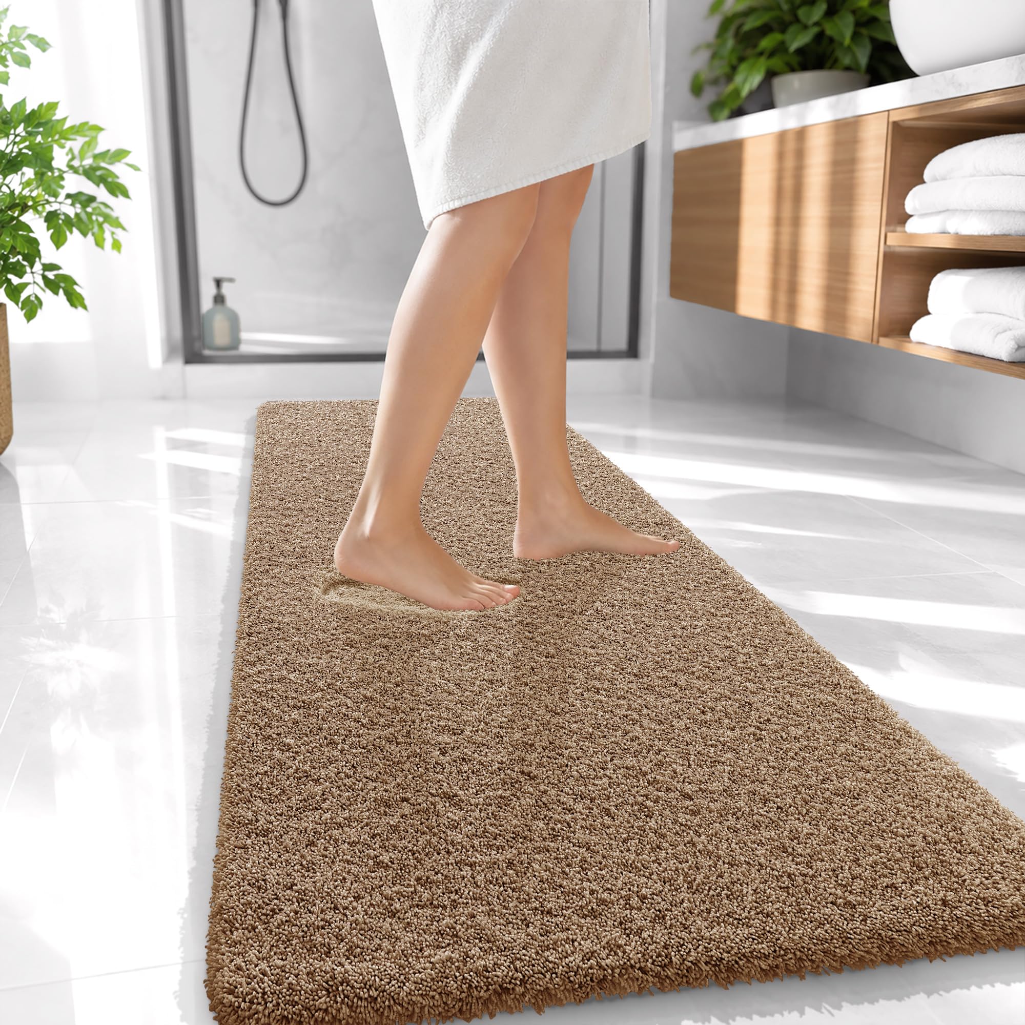 OLANLY Microfiber Bathroom Runner Rugs 47x20, Soft Bath Mat, Dark Beige