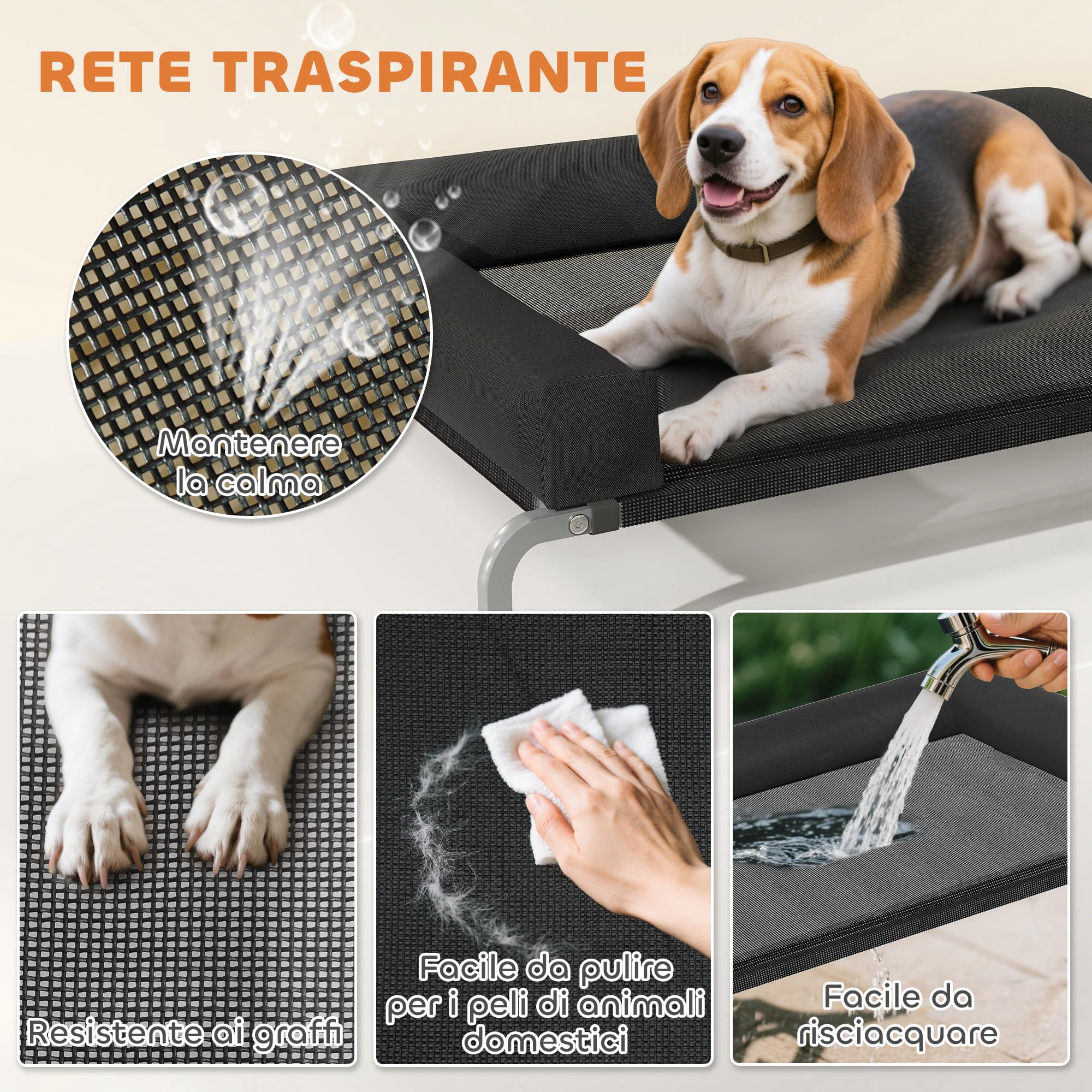 PawHut Brandina per Cani di 19.5 cm con Cuscino Lavabile a U, Lettino per Cani Rialzato in Tessuto Oxford, Texteline e Acciaio, Letto per Gatti da Interno, 110x75x30 cm, Nero e Argento