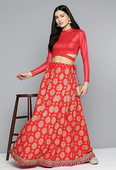 LYMI LABEL Ethnic Skirt for Women - Viscose Rayon Foil Printed A - Line Regular Fit Skirt with Gota Patti Border for Women
