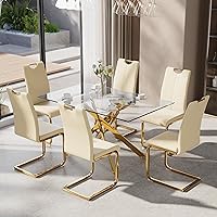 Vista 20 de Juego de Mesa de Comedor de 5 Piezas para 4, Mesa Rectangular Moderna de Vidrio con 4 Sillas Tapizadas de Cuero, Muebles de Comedor que Ahorran