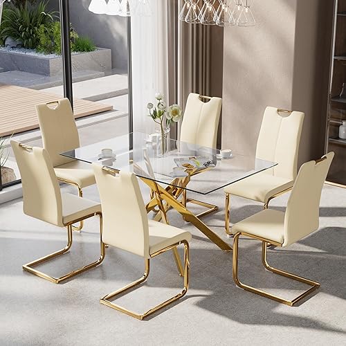 Miniatura 53 de Juego de mesa de comedor de 7 piezas para 6, mesa rectangular moderna de cristal con 6 sillas tapizadas de cuero, juegos de mesa y sillas de comedor