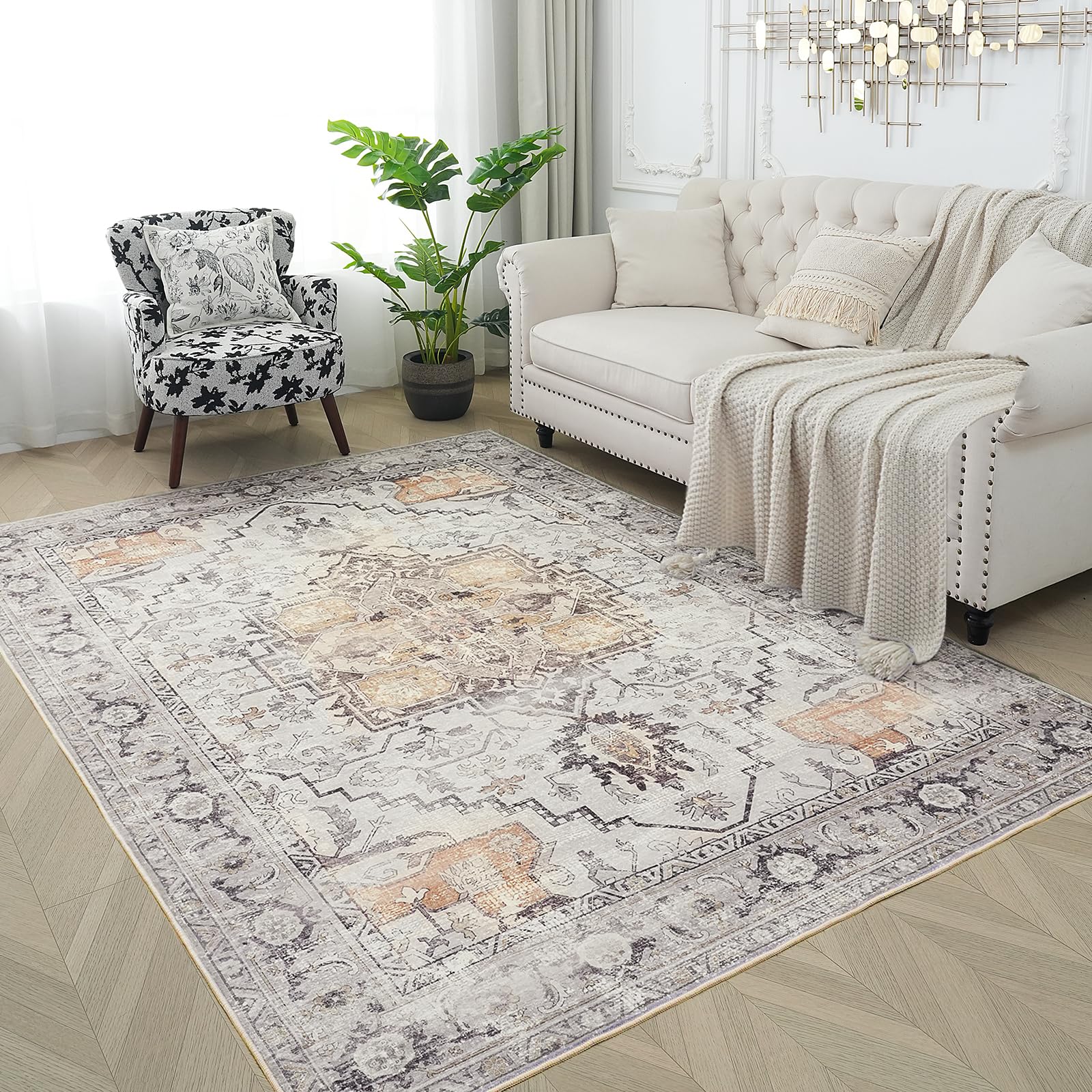 Xfrog Teppich Wohnzimmer Waschbare Teppiche Gegend Kurzflor Vintage Teppich Schlafzimmer Grauer Grau 200x300CM
