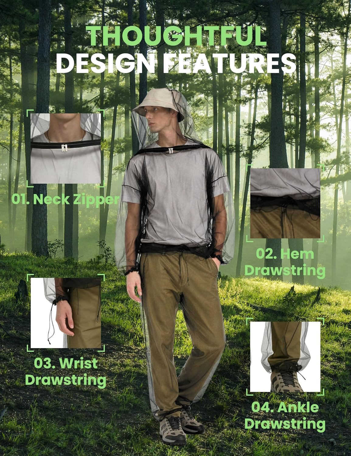 HENNCHEE Mosquito Suits for Adult, Mesh Net Bug Hooded Jacket Pant, Outdoor Full Body Protection Mosquito Proof Clothing